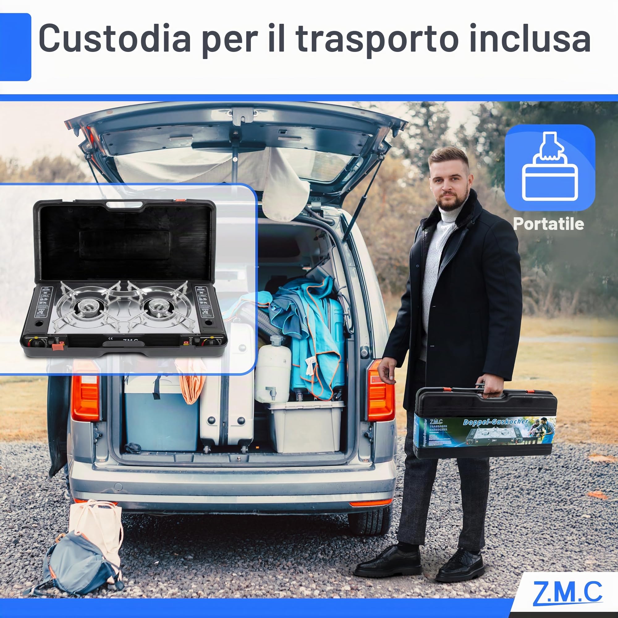 ZMC Fornello a Gas da Campeggio con 2 Faretti, Adattatore GPL, Valigetta di Stoccaggio e Ferro - Compatibile con Cartucce da 227 g