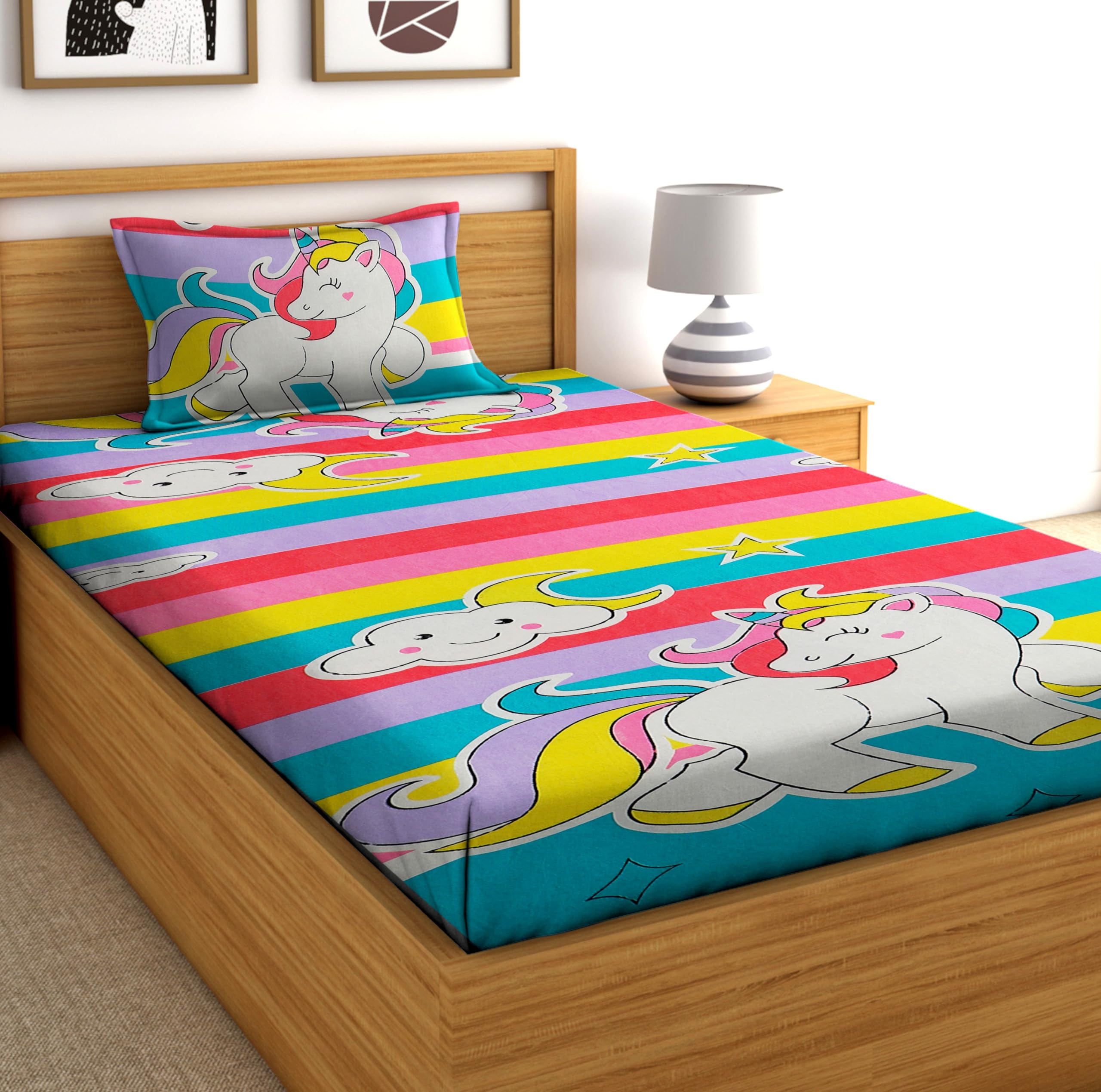 DECORUM Glace Cotton All Around Elastic Fitted Single Bedsheet (72"x48") with 1 Pillow Cover | Soft, Smooth & Wrinkle-Free Fabric | Fits Up to 6" Mattress | 200-220 TC