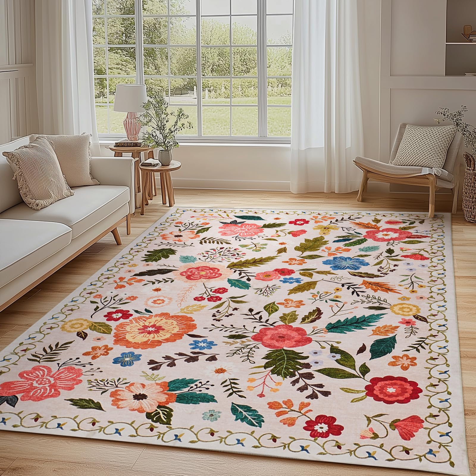 Rug for Living Room, 4X6 Area Rug Floral Vintage Rug for Bedroom Non-Slip Non Shedding Indoor Floor Carpet, Low Pile Foldable Stain Resistant Carpet for Dining Room, Office, Home Decor, Beige
