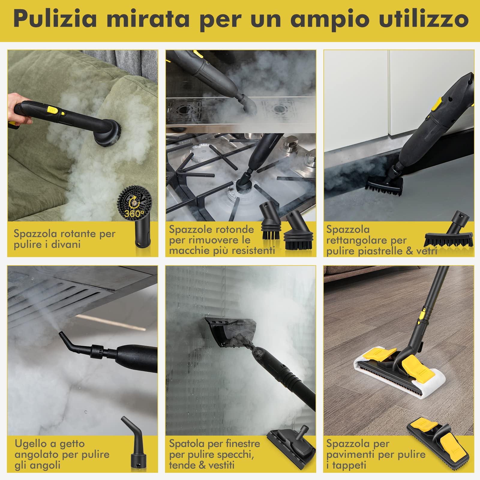 COSTWAY 2000W Pulitore a Vapore, Macchina per Pulizia Rotante con 13 Accessori, Capacità d'Acqua di 1,8L, Macchina a Vapore Multiuso per Tappeti Finestre Vetri e Tende (Giallo)