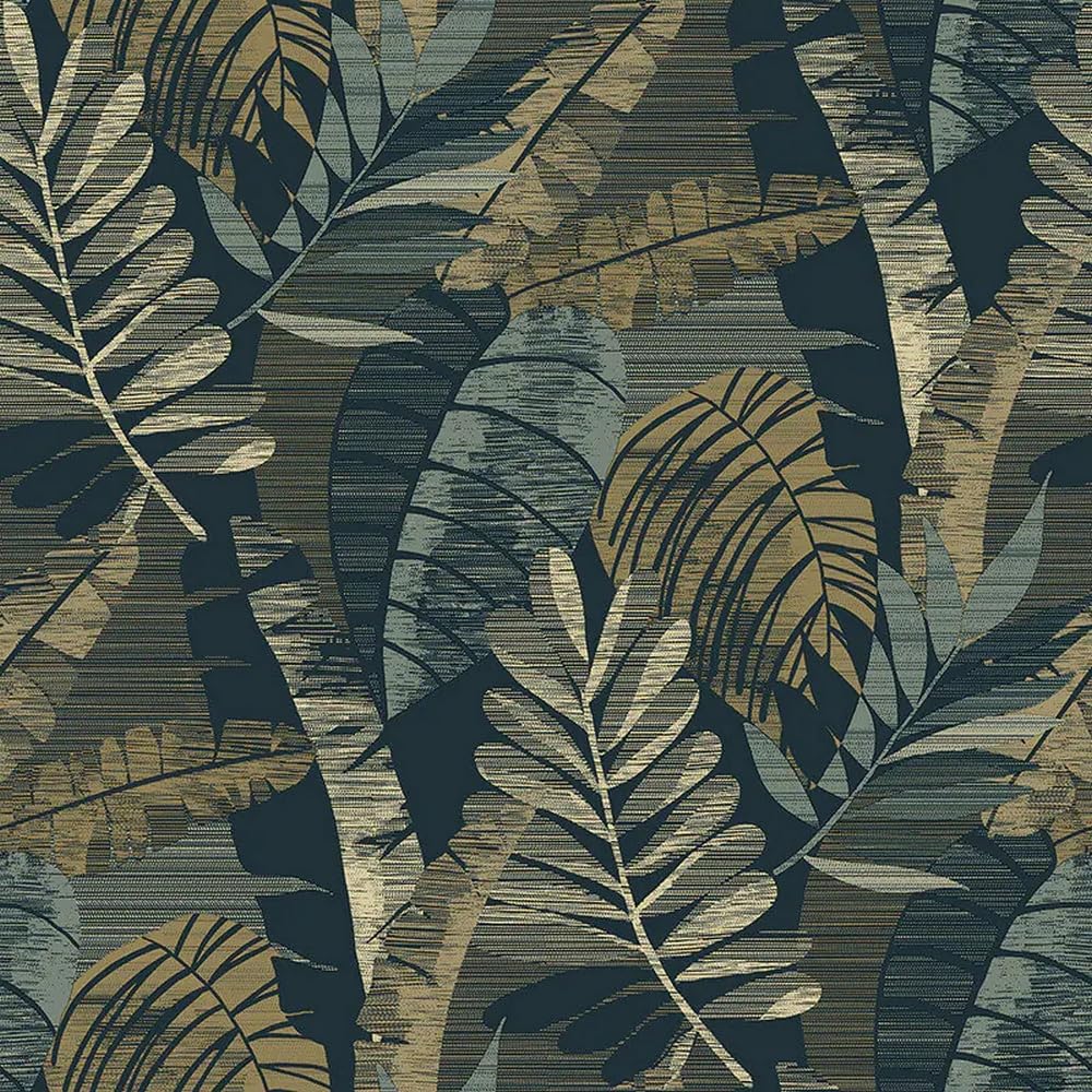 Belgravia Decor Sarika Blue Gold Wallpaper 1602 - Tropical Jungle Palm Leaf