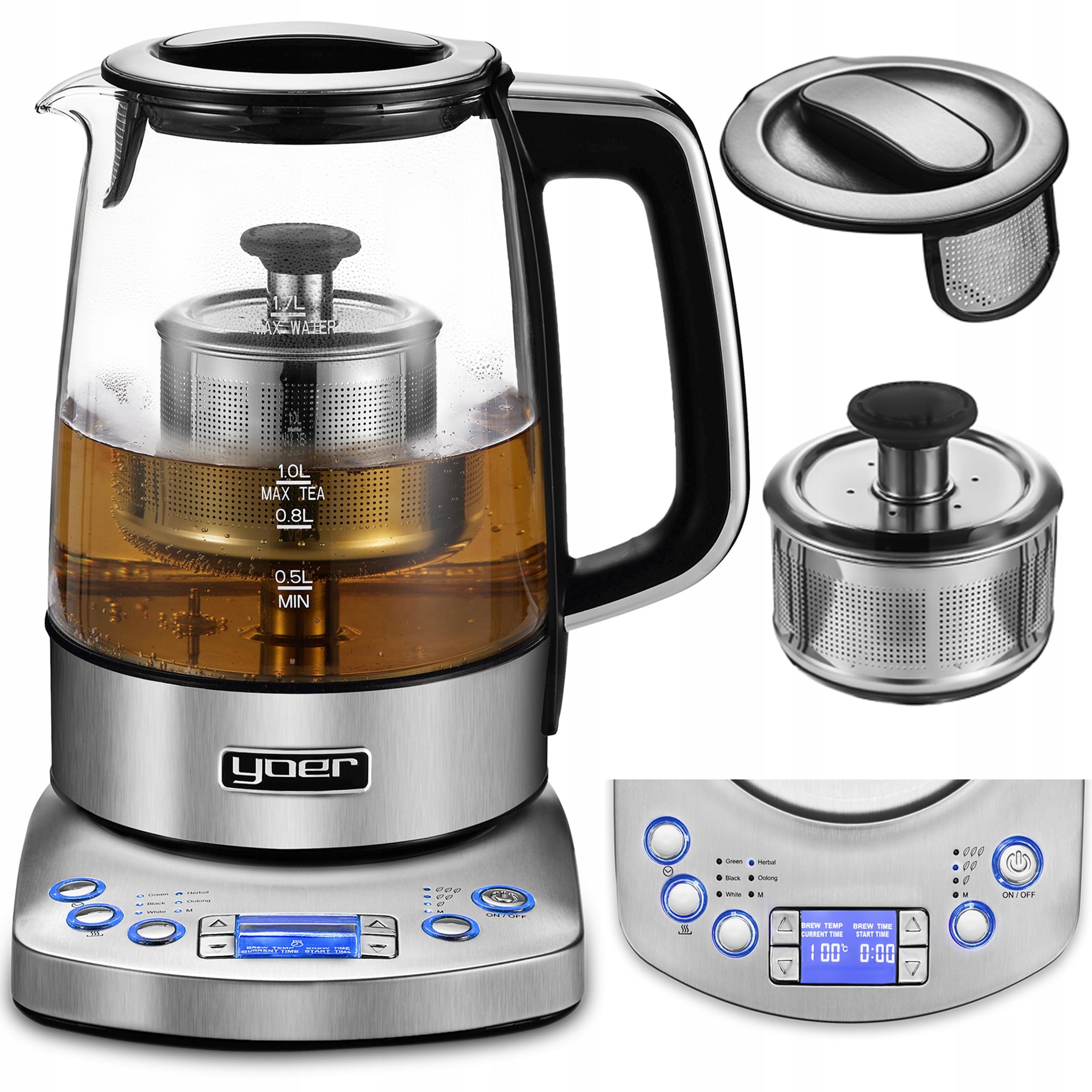 Yoer Elektrischer Wasserkocher, 2200W, Teesieb, 1,7 L, Automatisch