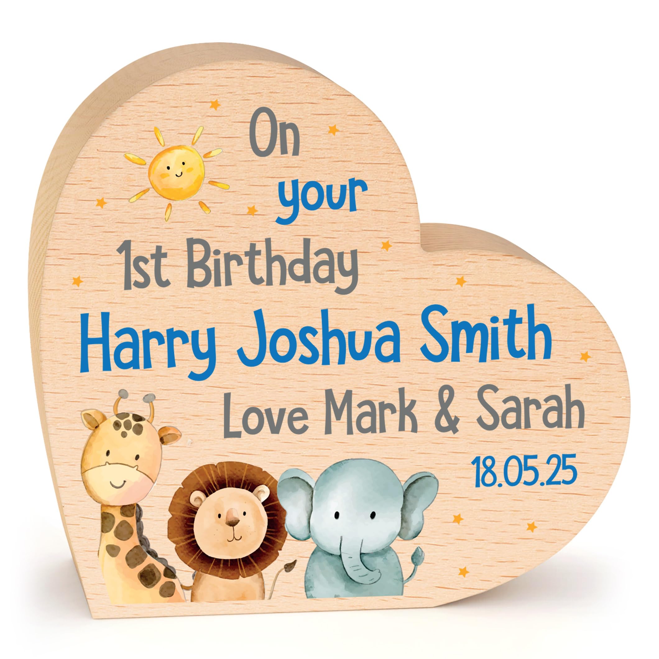 Beecreative Personalised First Birthday Gift For Boys, Boys First Birthday, Grandson Godson Nephew, Jungle Safari Animal Wooden Heart Keepsake With Grey Bag