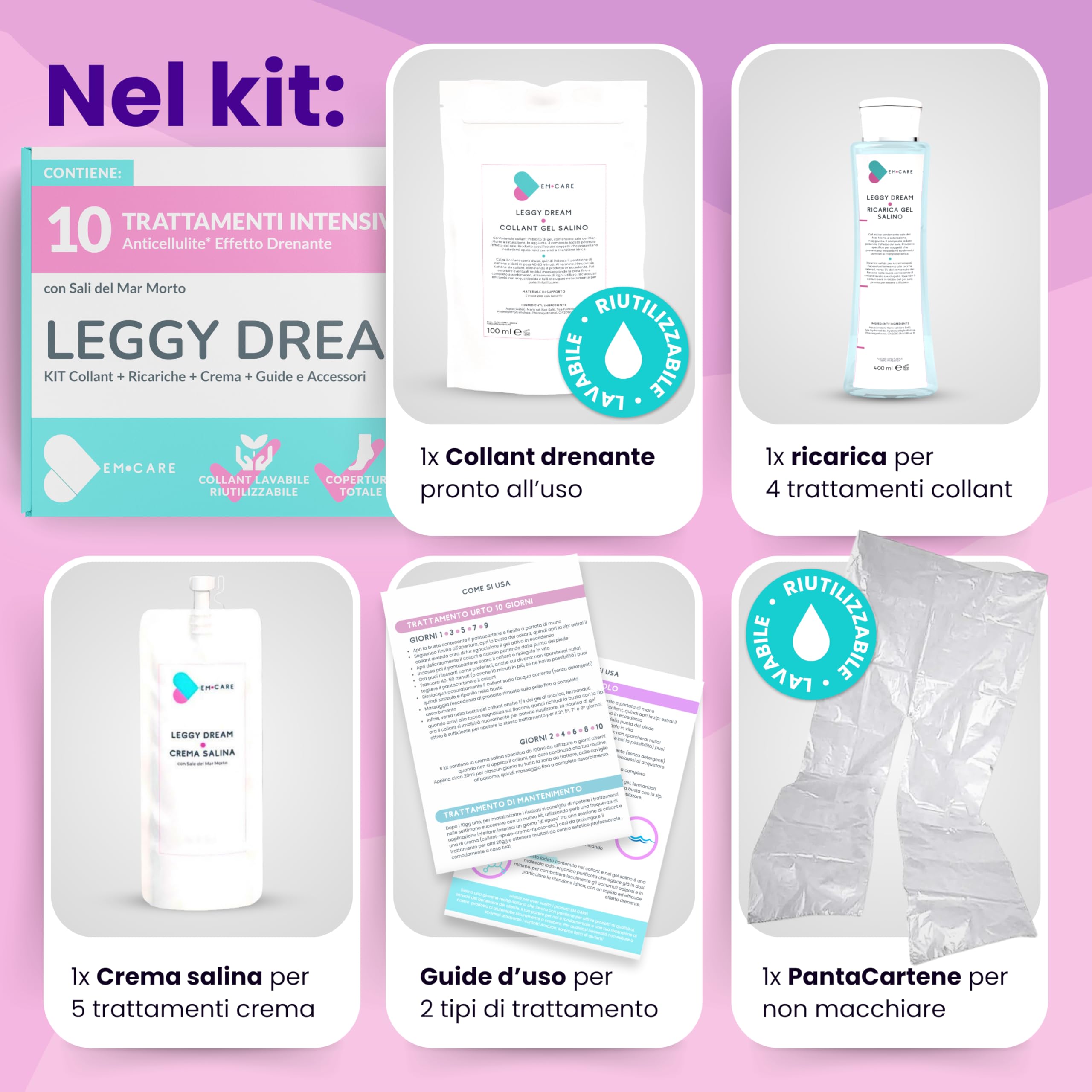 EM CARE Kit Completo Anticellulite 5 trattamenti Collant Drenanti + 5 Trattamenti Crema per Cellulite ai Sali del Mar Morto, Incluso Pantacartene per Risultati Potenziati
