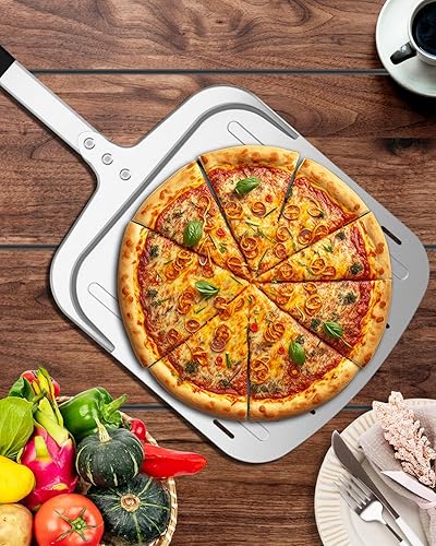 Miniatura 7 de Pala de pizza de 12 pulgadas, pala de aluminio perforada para pizza (12 pulgadas) con mango resistente al calor, espátula antiadherente y ligera