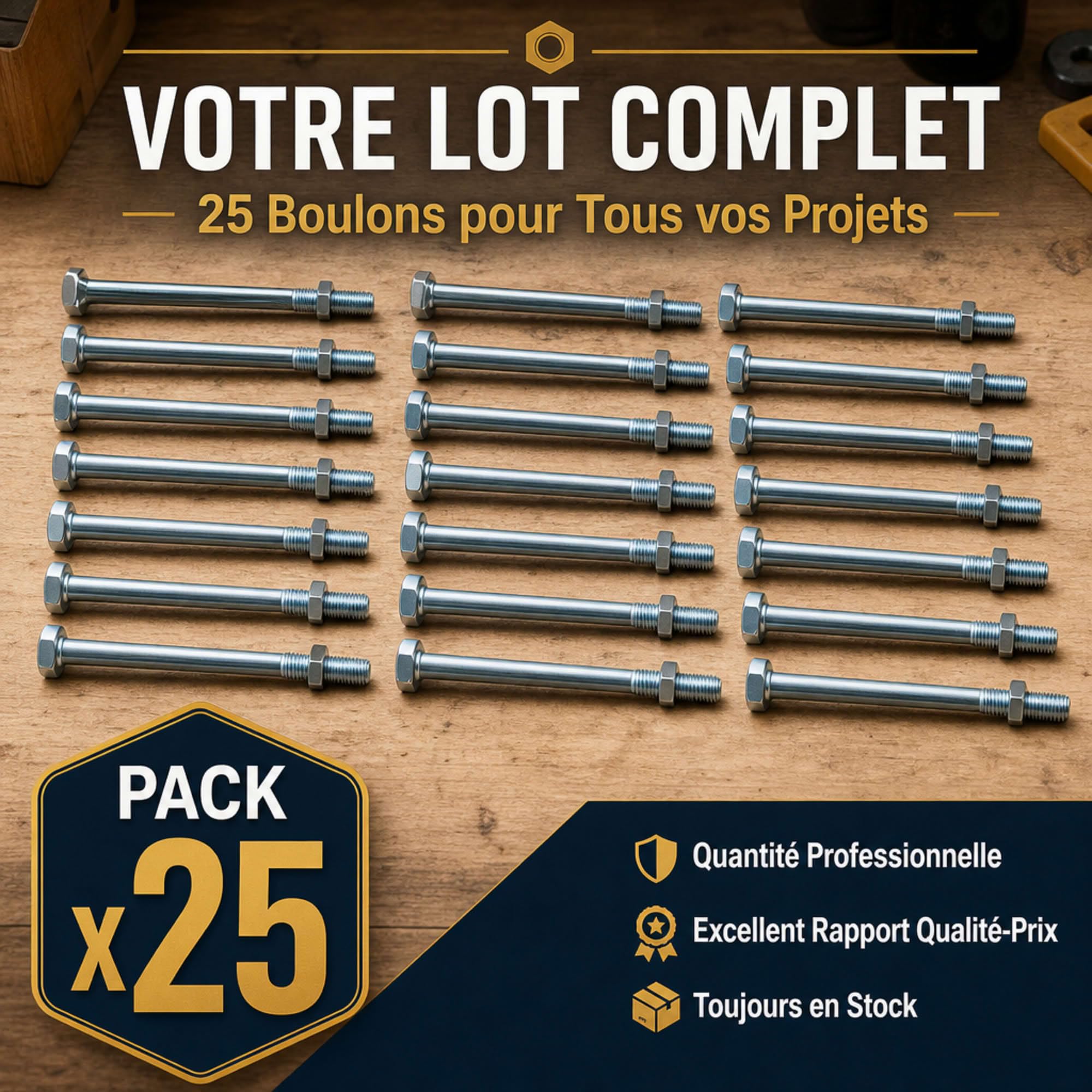 25 Boulons de Charpente tête hexagonale zingués - diamètre 16 mm - Longueur 220 mm - Diamètre 16 mm