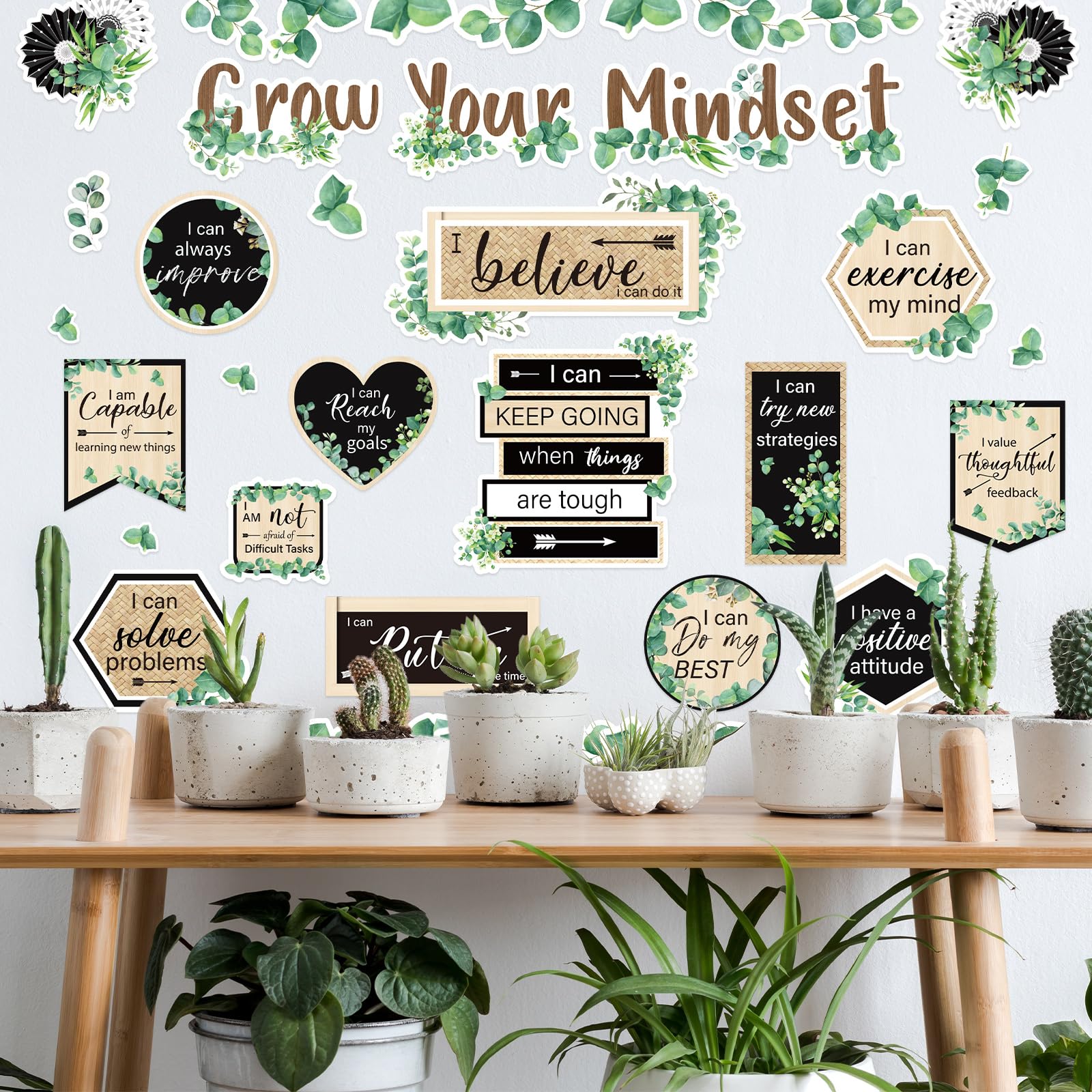 FYSUIMU Juego de 42 tableros de anuncios Grow Your Mindset, hojas de eucalipto, recortes de papel con 100 puntos de pegamento para fiestas de regreso a clases, decoración de pared