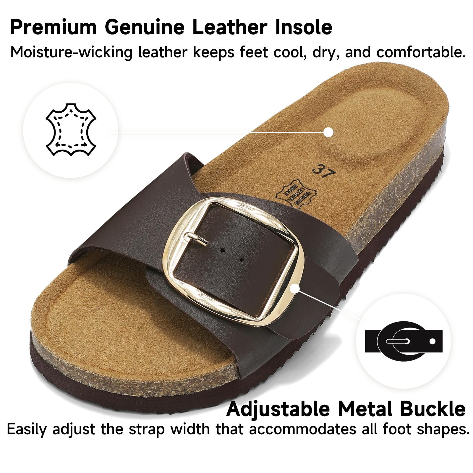 Sandales Femme Grande Boucle Métallique Semelle Cuir Véritable Mousse à Mémoire de Forme Mules en Liège Antidérapantes 36-42