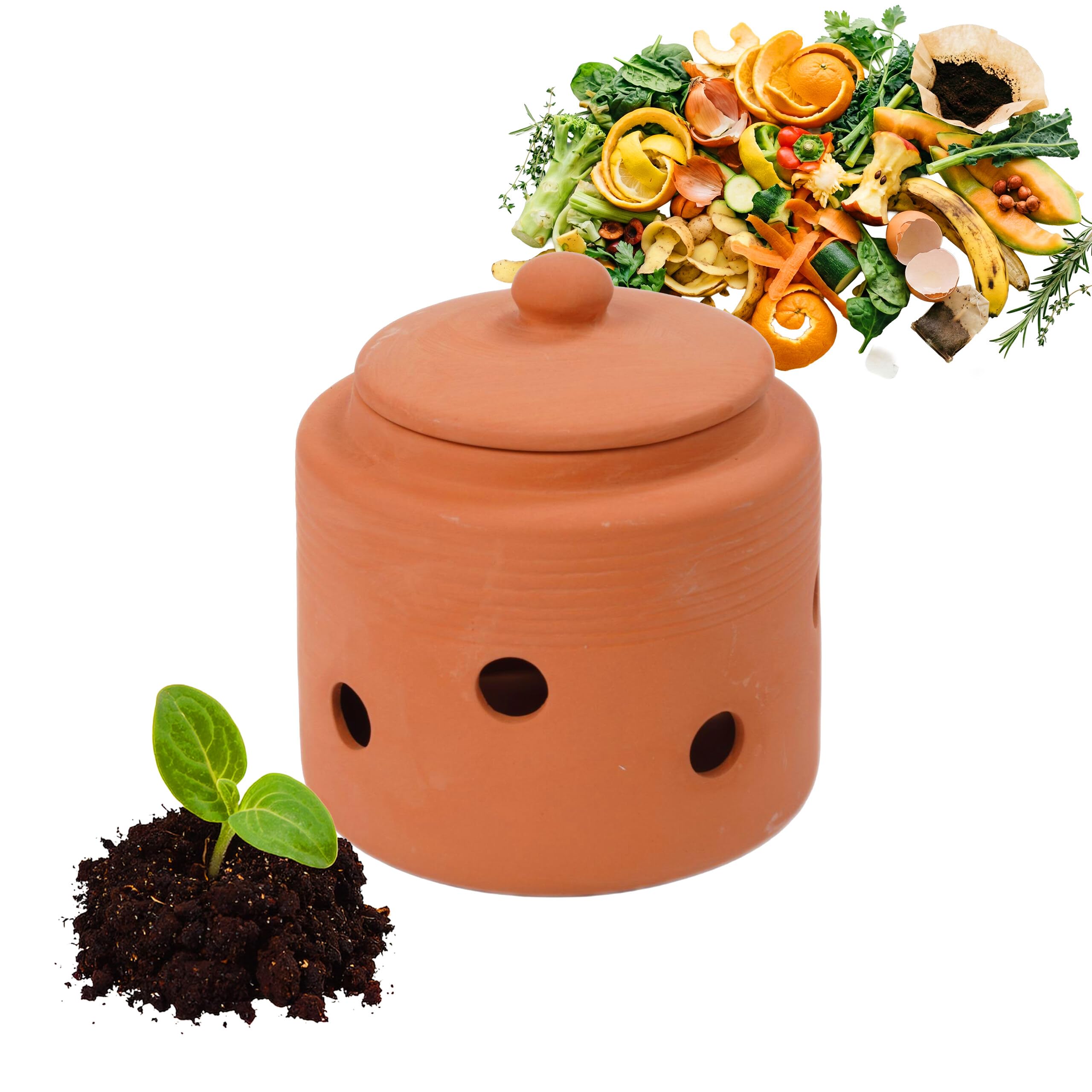 Relaxdays in-ground worm composter 1 L, worm pot for kitchen waste with lid, clay terracotta, for garden & beds