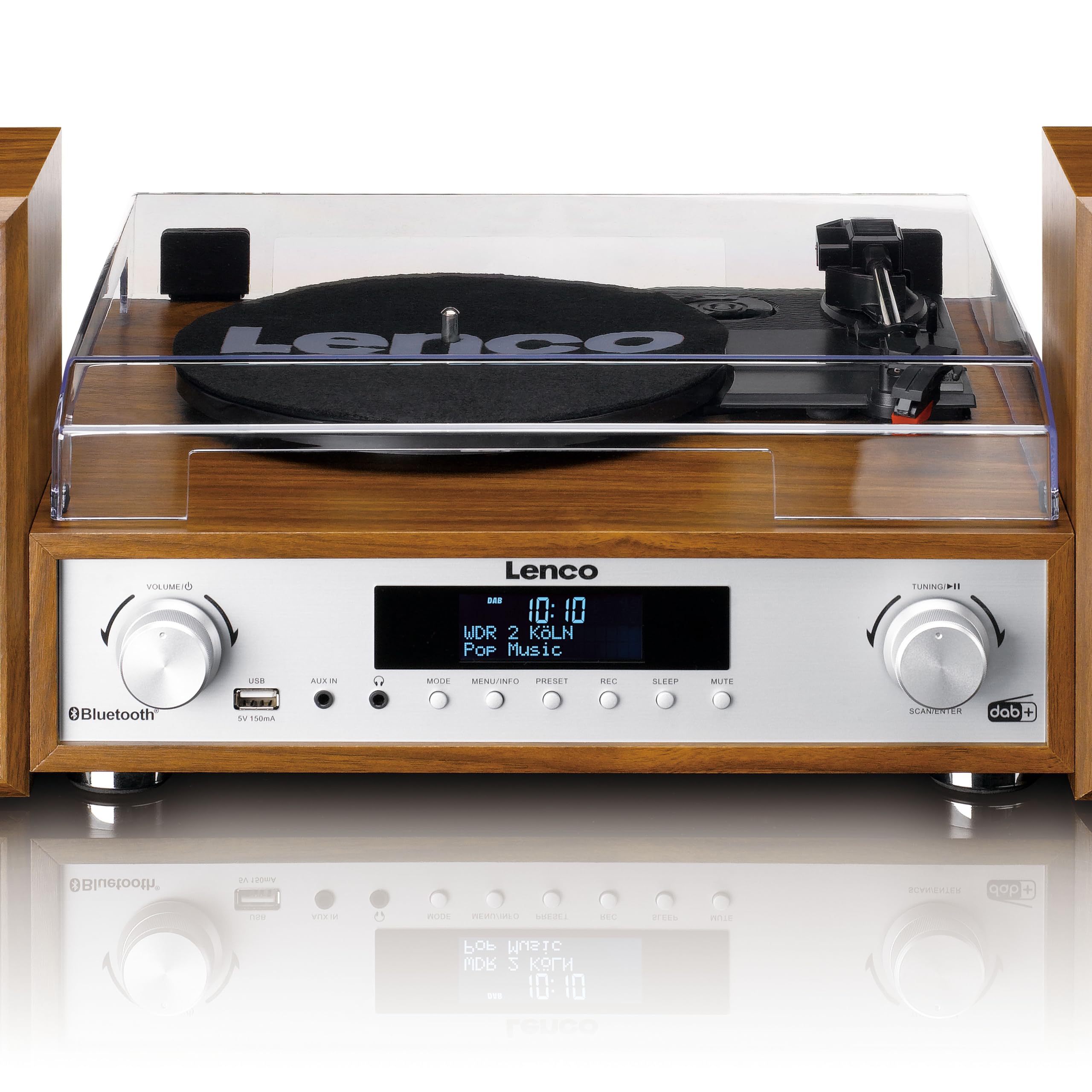 Lenco MC-160WD Impianto stereo con giradischi - Radio DAB+/FM, Bluetooth 5.0, codifica MP3 diretta da vinile su USB, trazione a cinghia, 3 velocità, altoparlanti in legno 2x10W, telecomando