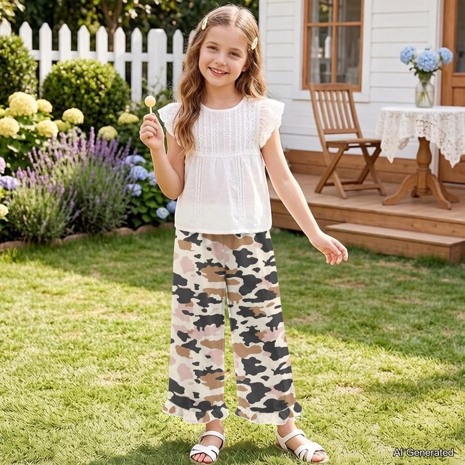 Wanyint Girls Ruffled Pants Long Trousers Track Pants with Pockets Wide Leg Trousers Y2K Fashion Outfits for 5-14 Years