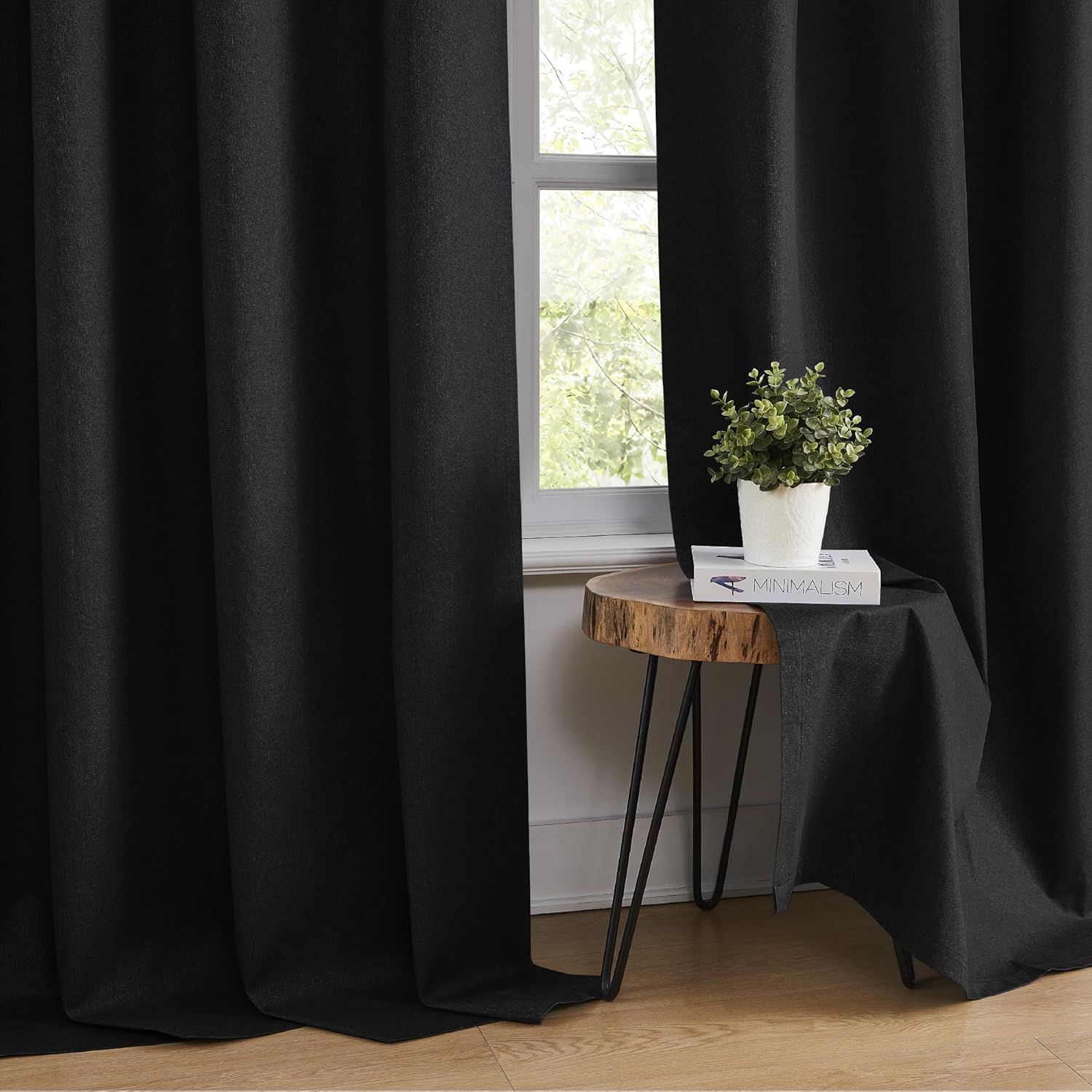 100% Blackout Linen Curtain Panels for Bedroom 84 Inches Long, Thermal Insulated Noise Canceling Grommet Top Classy for Bedroom Lightweight Drapes for Living Room Media Room(2 Panels,Black,52Wx84)