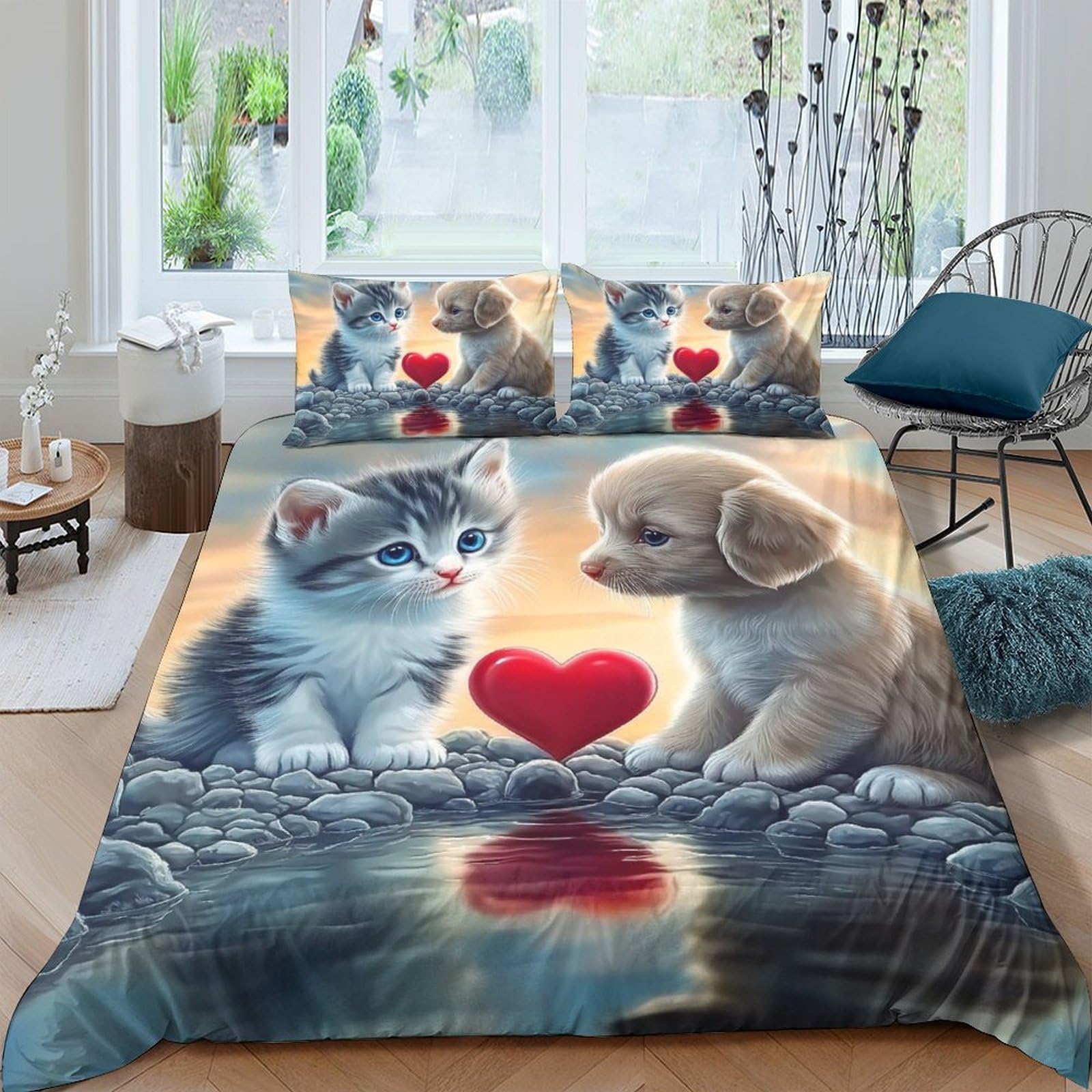 Ctjqhvkz Style-10 3D Printed Kitten Puppy Fitted Sheet Microfiber Heart Bed Cover For Bedroom Guest Room Decor Easy Care Single（135X200cm）