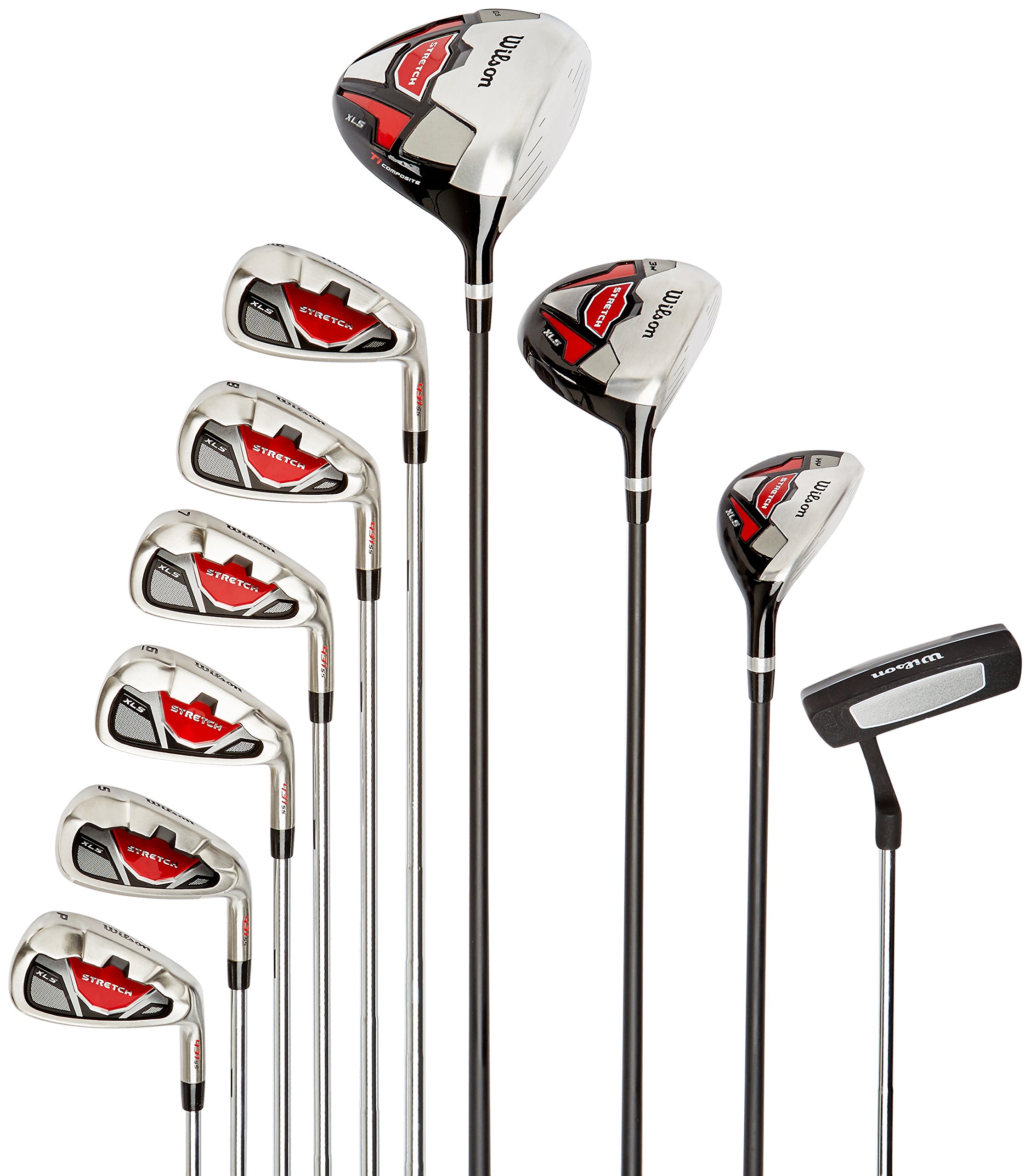 Wilson Anfänger-Amazon Exclusive B4Komplettsatz, 10 um 1 Inch verlängerte Golfschläger mit Carrybag, Herren, Rechtshand, Stretch XL, schwarz/grau/rot, WGG157549