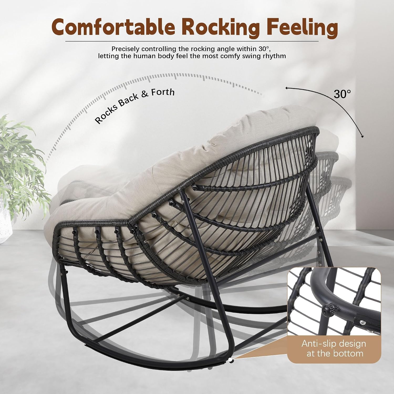 Oversized Papasan Rocking Chair, Comfy Rocking Chair Indoor, Egg Chair with Padded Cushion, Rattan Rocking Chair for Bedroom, Living Room (Beige)