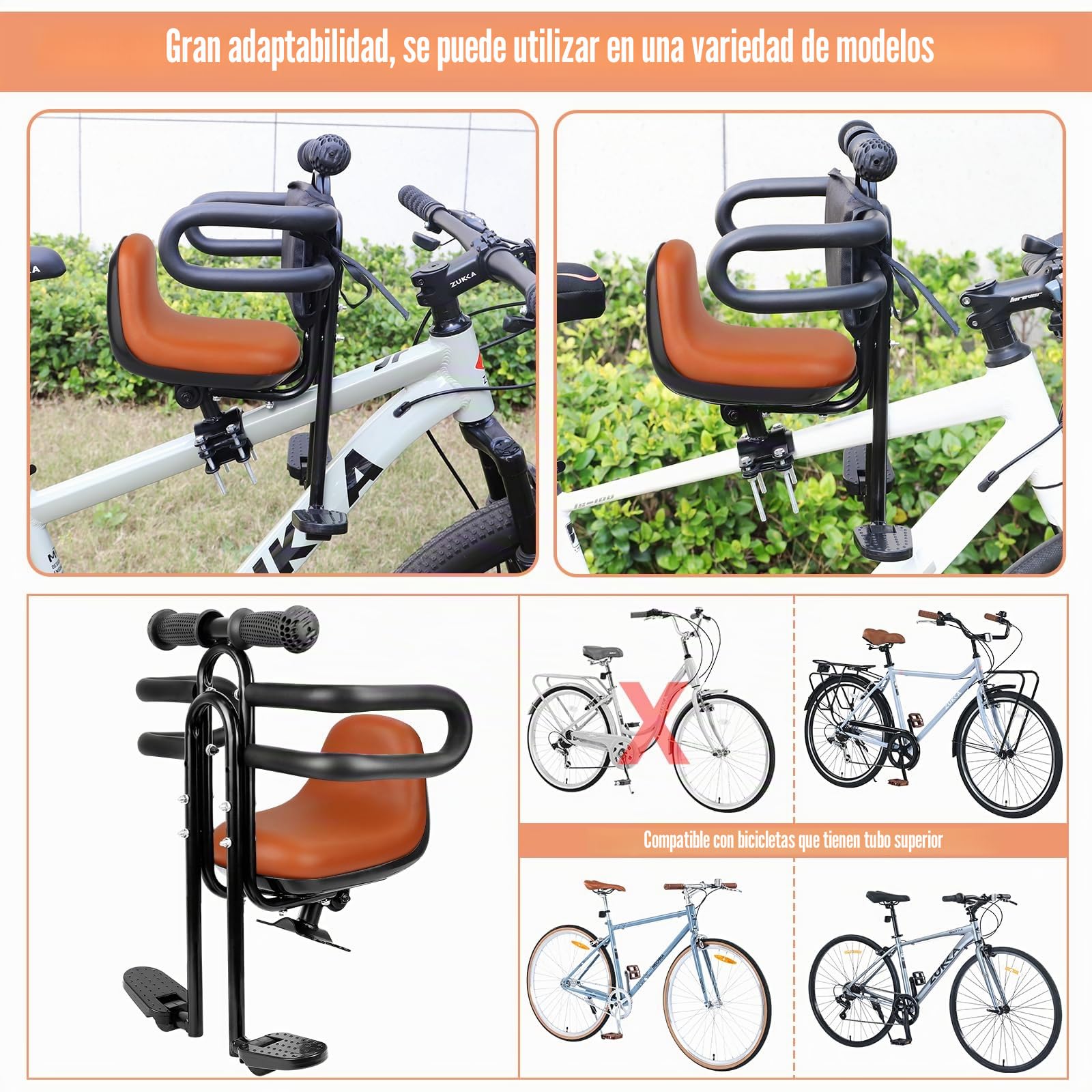 ZUKKA Asiento de bicicleta infantil – Soporte frontal, asiento delantero para niños con mango de barandilla, asiento de bicicleta para niños para bicicleta de adultos, asiento de bicicleta para bebé