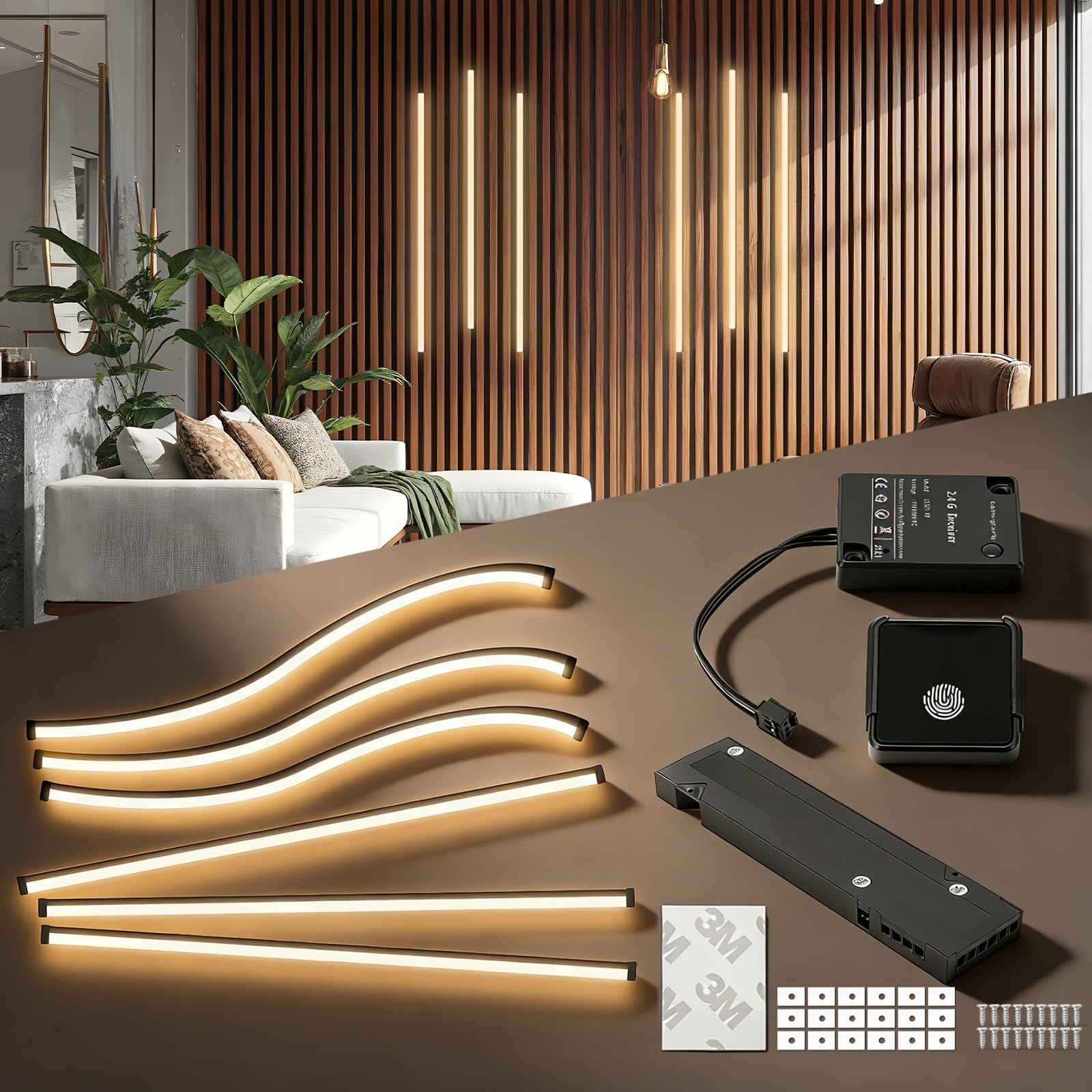 Akustikpaneele Beleuchtung, Dimmbare Zuschneidbar Eingebetteter Warmweiss 6 LED Strips mit Berührungssensor Einfache Installation für Akustikpaneele Regale Schränke Unterflurbeleuchtung