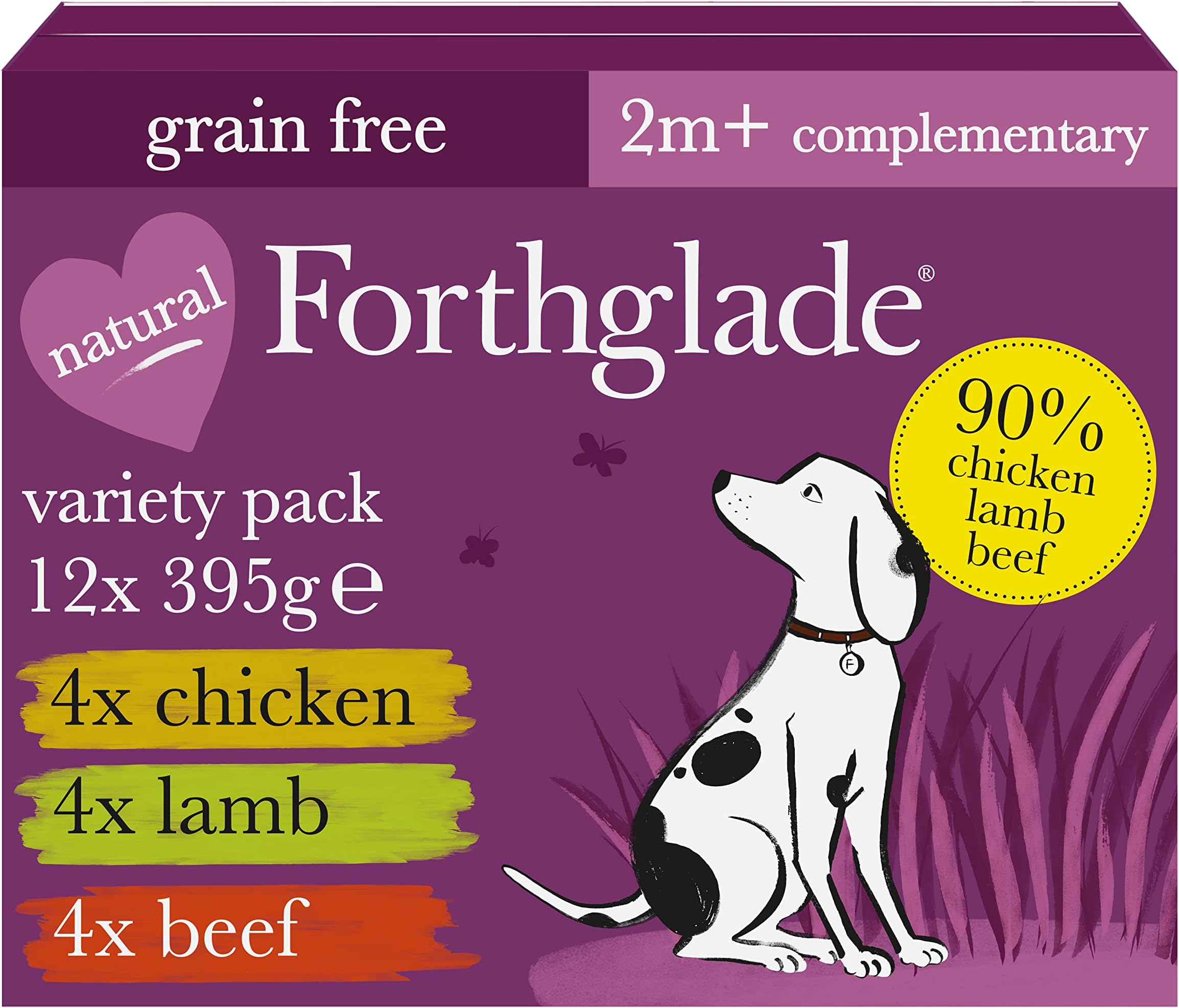 Complementary Wet Dog Food Variety Pack (12 x 395g Trays) - Grain Free & Hypoallergenic Dog Food, Just Chicken, Lamb & Beef, 90% Protein Stomach Sensitive with Natural Ingredients