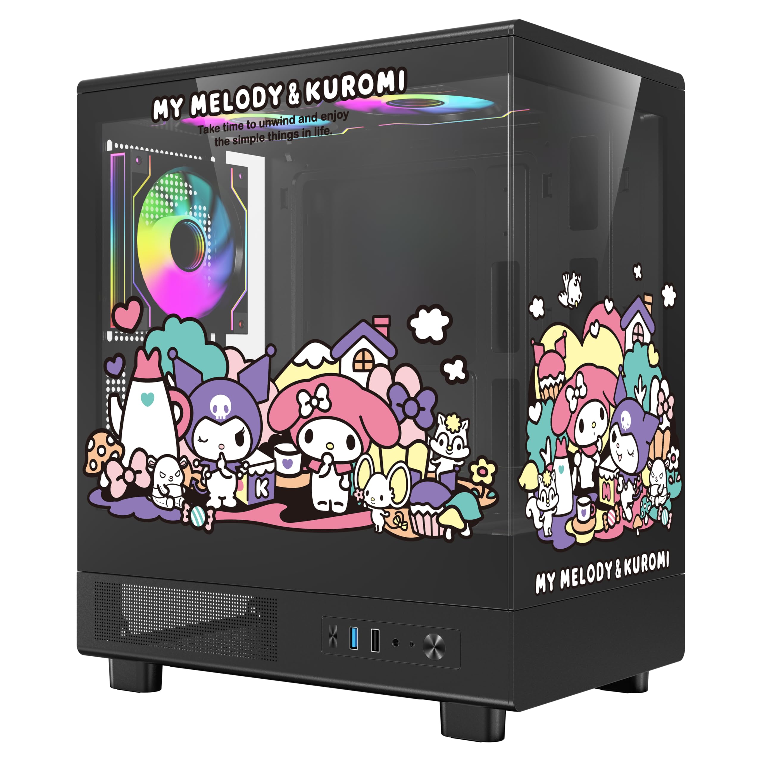 darkFlash Kuromi Micro ATX Gaming PC Case DB330M Official Sanrio Officially Licensed Pillarless 270° Panoramic View Tempered Glass Black Purple Desktop Chassis 3 Pre-Installed ARGB PWM Fans