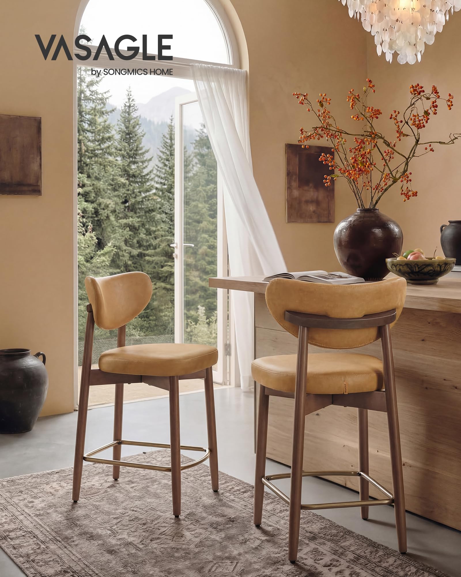 VASAGLE Tabourets de Bar, Bois Massif, avec Dossier, Lot de 2