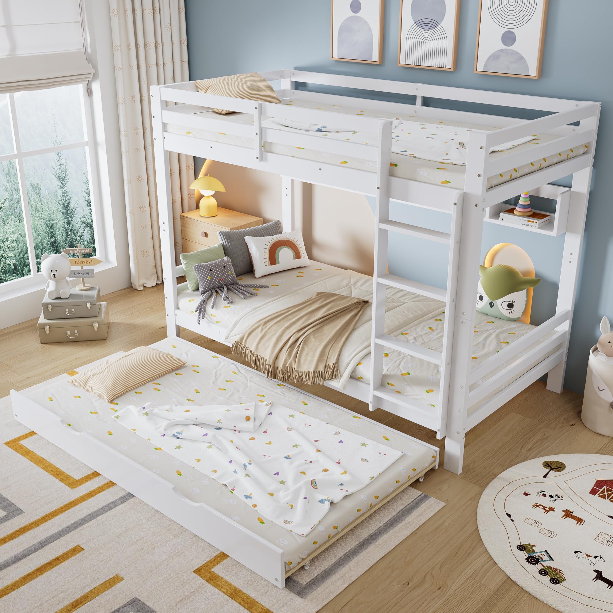 Oyemige Letto a Castello 90x200 cm, Letto per Bambini con Letto Estraibile, Modern Letto Matrimoniale con Parapetto e Scala, Struttura In Pino, con Parapetto, Rete A Doghe, Bianco, Senza Materasso