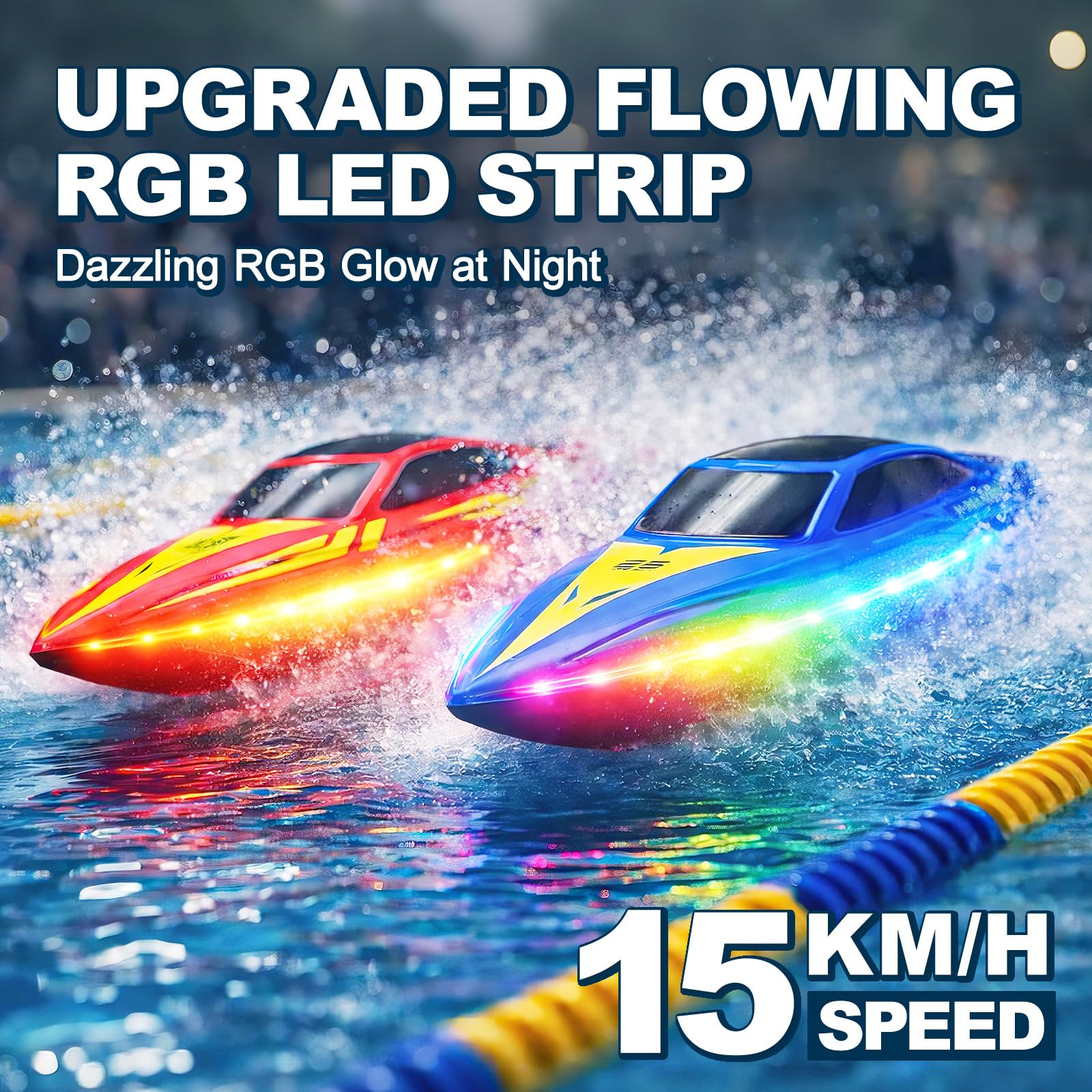 YESHIN Bateau RC Pack 2 PCS avec LED, 15 km/h Bateau à Télécommande Adapté Aux Piscines et Aux Lacs, Télécommande 2,4 GHz, Flip Automatique, Niveau de Batterie et Téléalarme, pour Enfants et Adultes