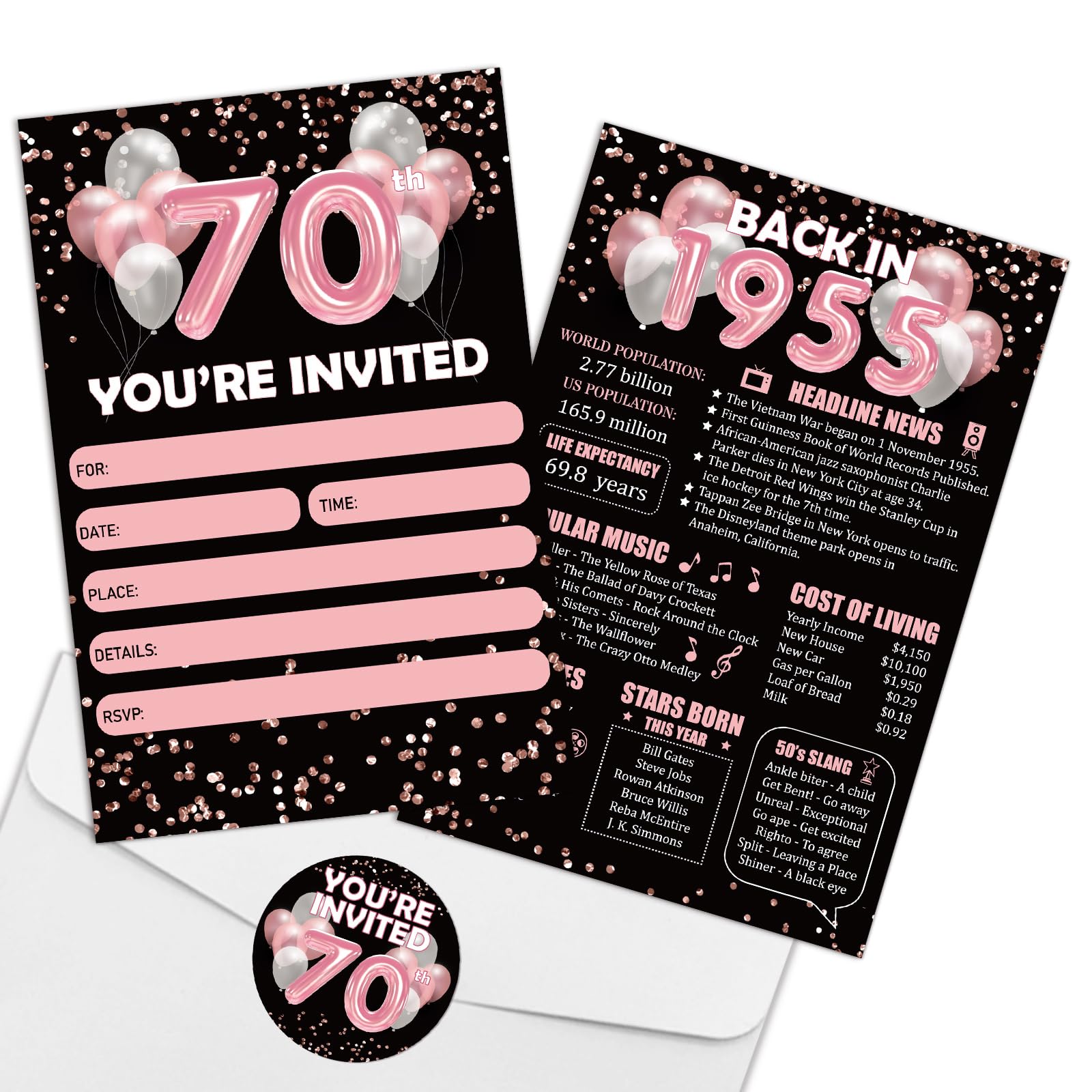 REWIDPARTY Rose Gold 70th Birthday Invitation Cards with Envelopes & Stickers（Set of 15） Back in 1955 Fill in Invitations 70th Anniversary Decor Gifts