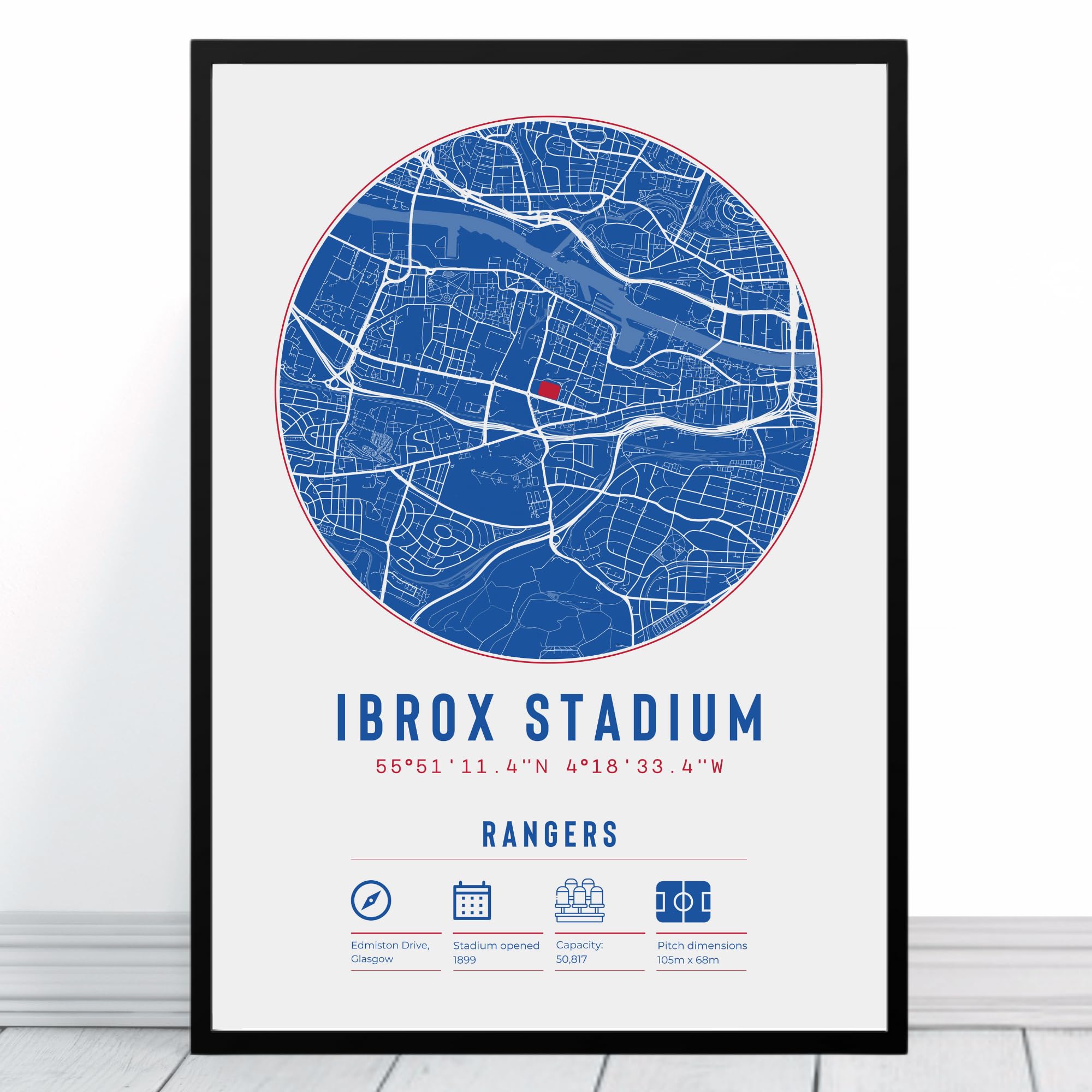Rangers Ibrox Stadium Map | Framed & Print Only Available | Minimalist Unique Gift FC Football Fan Poster Art Artwork Gift For Him Memorabilia | Father's Day Christmas Birthday