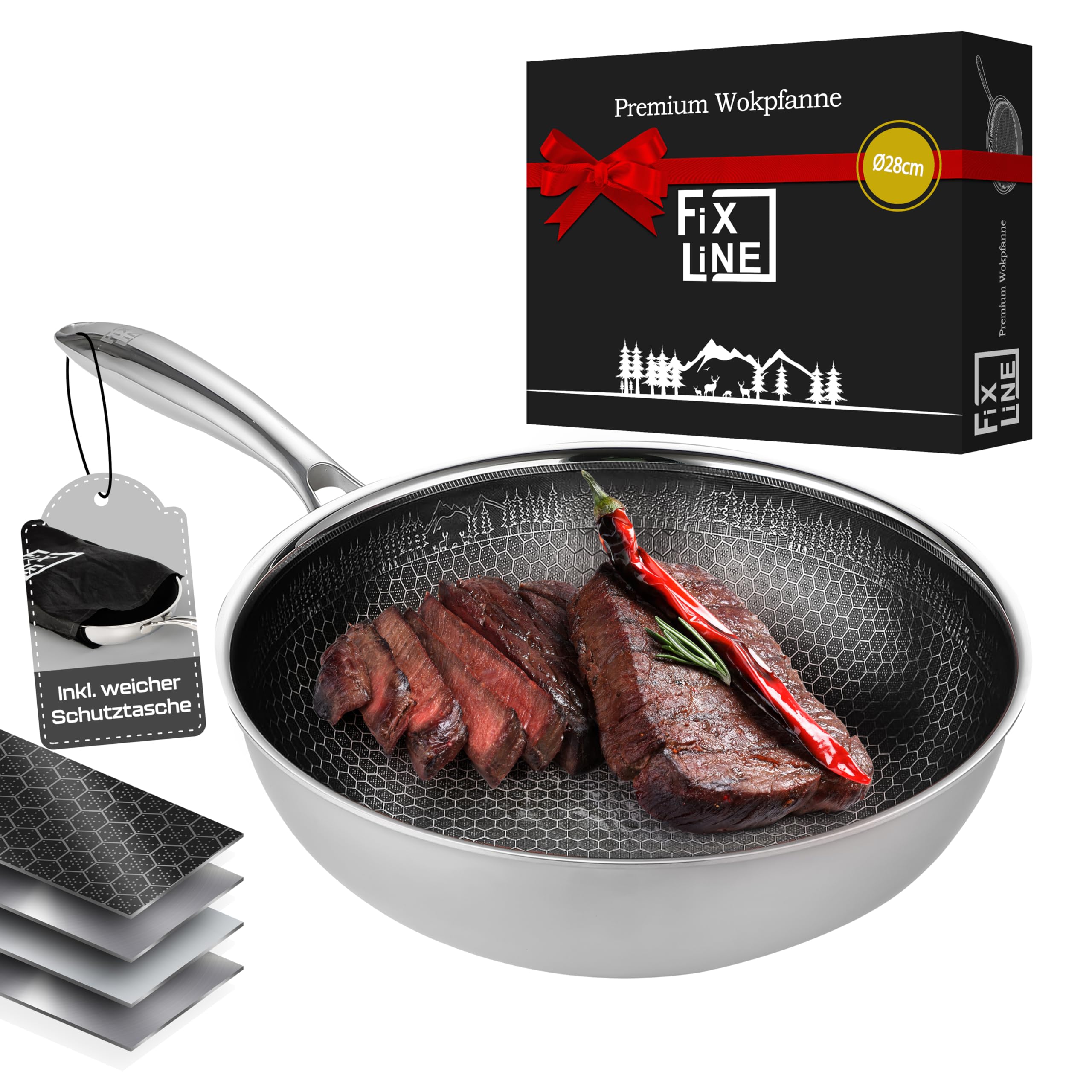 FIXLINE® BLACK FOREST Wokpfanne 28cm - Keramische & Kratzfeste Beschichtung - alle Herdarten inkl. Induktion - Backofengeeignet bis 230°C - Einfache Reinigung - Perfekte Geschenkidee