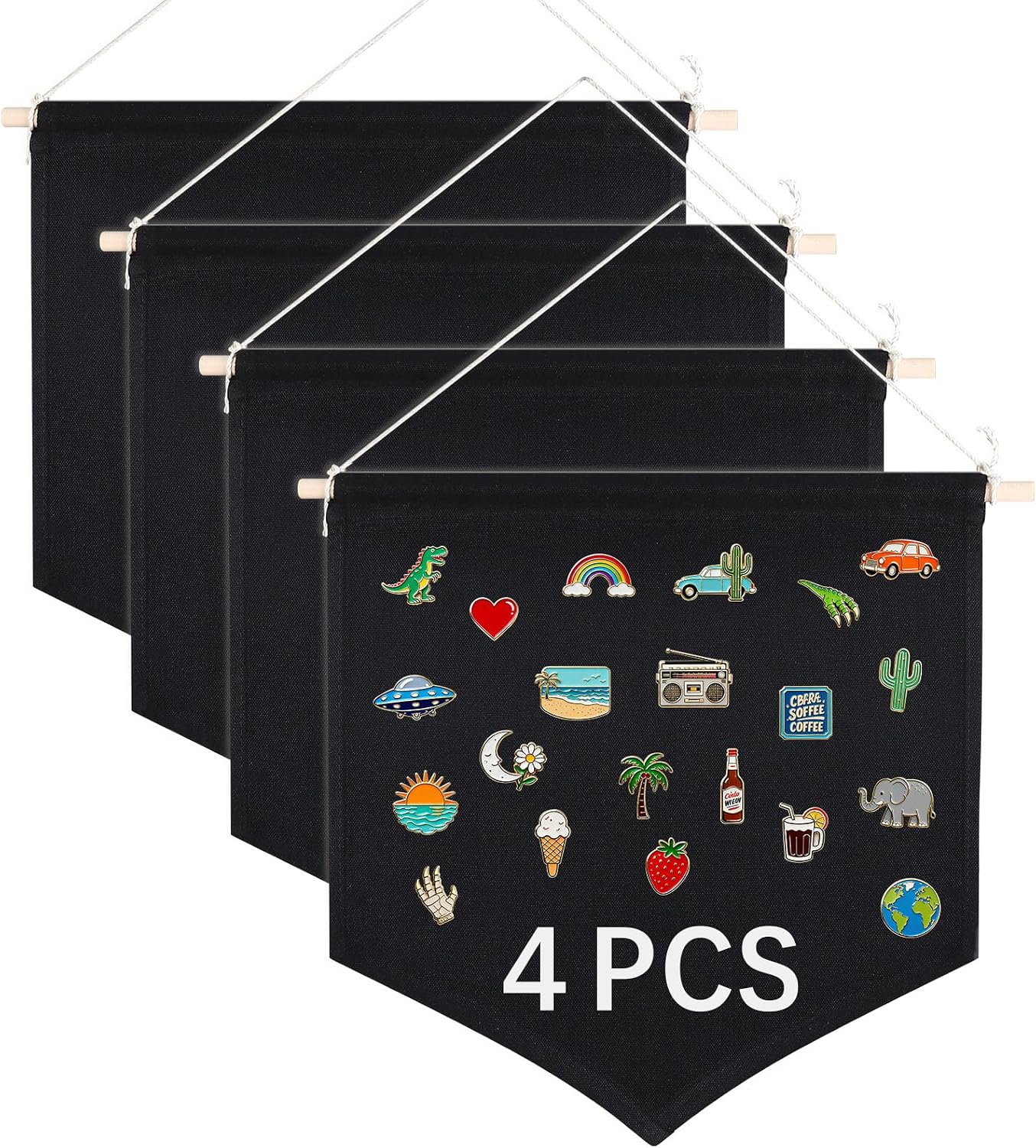 4 PCS Canvas Banners Wall Hanging Brooch Jewelry Storage Case Stand Enamel Pin Display, Sublimation blank Banner,Holder Earrings Necklace Pin Collection Organizer (30x36 black Banners*4pcs)