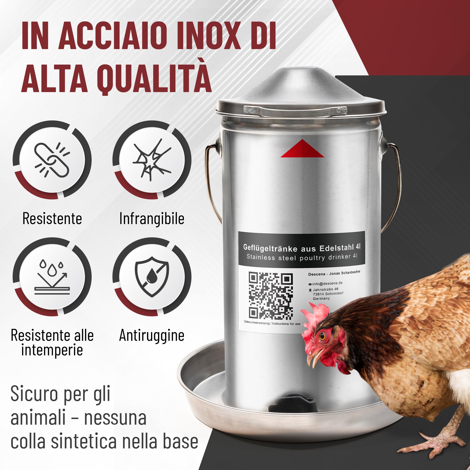 Abbeveratoio per Galline 4L in Acciaio Inox 304 (V2A) – Riempimento dall'alto, compatibile con riscaldatori e piastre riscaldanti, per pollaio