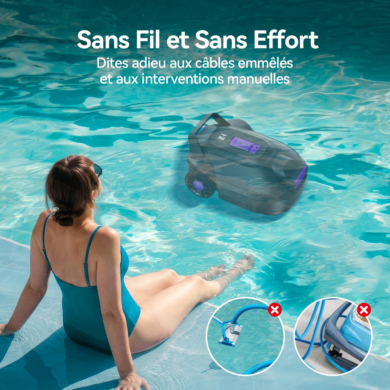 Redkey S200 Robot Piscine sans Fil, Aspirateur Piscine avec 180 Min de Nettoyage, Moteurs Doubles, Double Puissance d'Aspiration, Stationnement Automatique, Robot de Piscine Hors-Sol Jusqu’à 100 m²