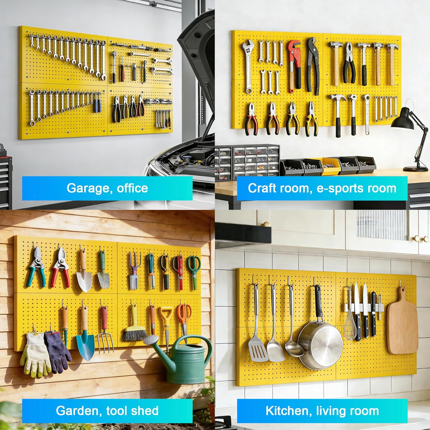 Metal Pegboard Panels, 24 x 12 inch （4PCS ）Rust-Proof peg Board for Wall Garage Utility Tools Storage, Craft Room, Kitchen, Yellow