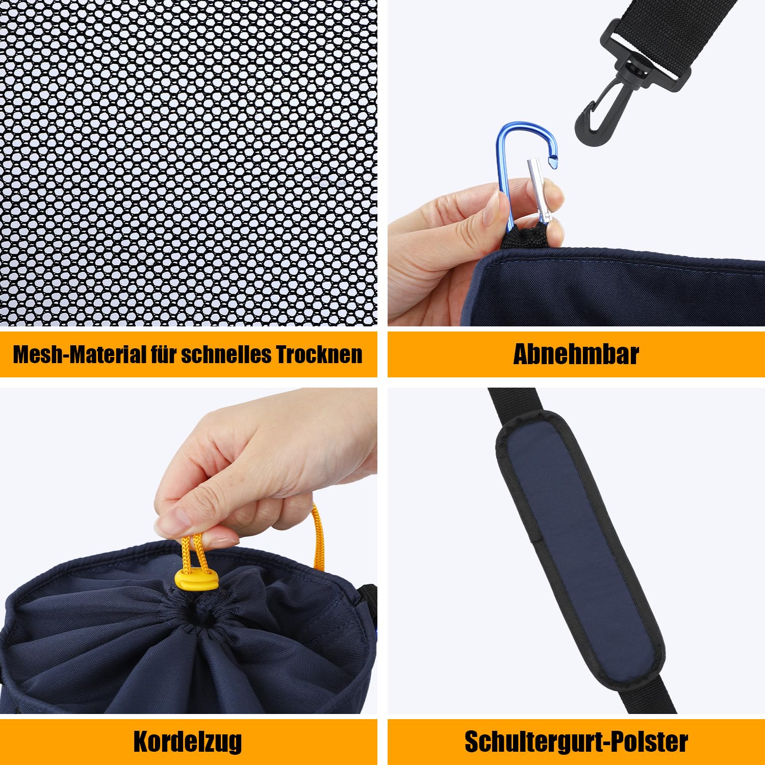 Bolsa para pinzas de la ropa, bolsa de malla para colgar pinzas de la ropa con gancho y correa para el hombro, contiene 500 pinzas de ropa, portátil, bolsa de secado rápido, azul oscuro
