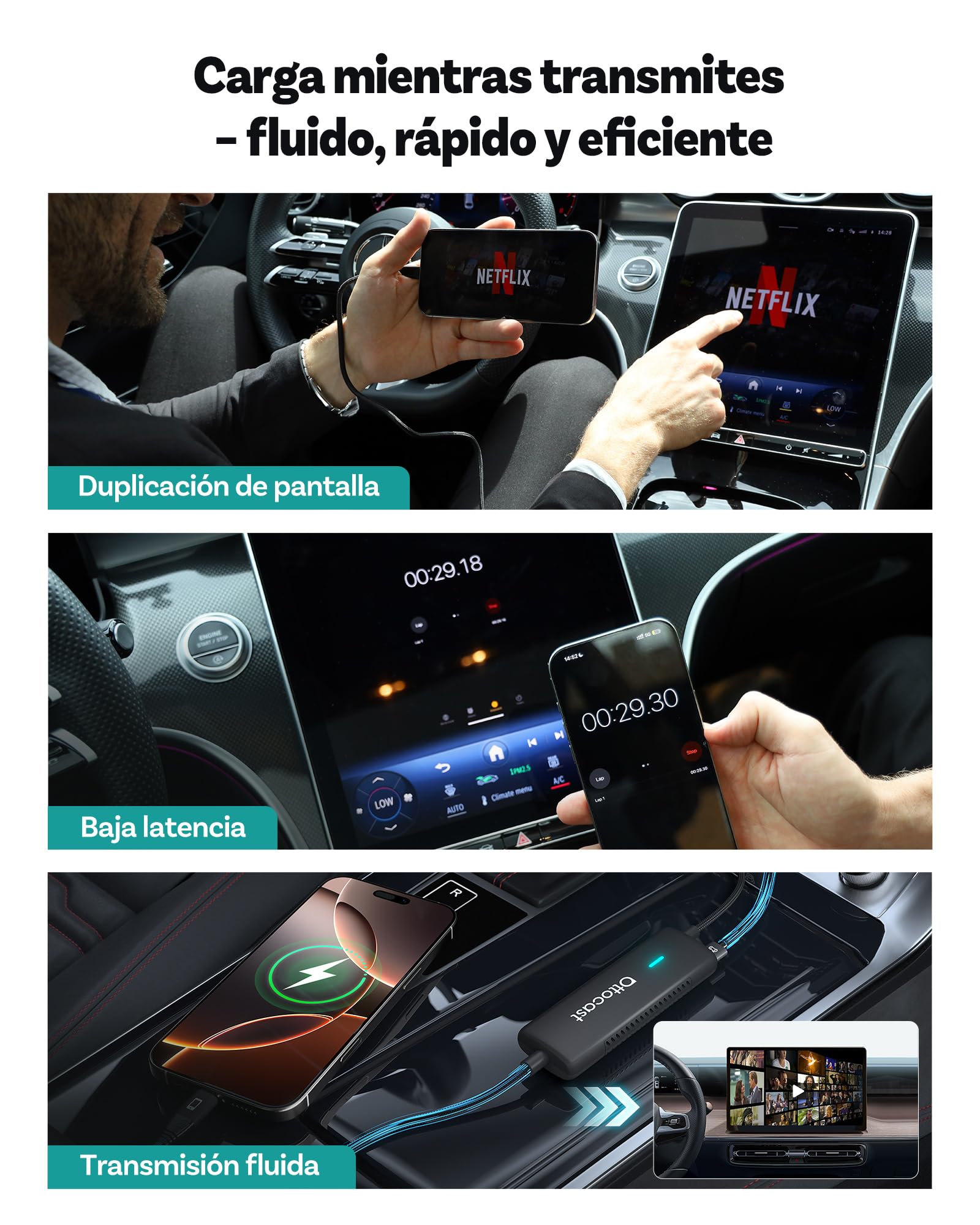 Ottocast Mirror Touch 2025 – Adaptador CarPlay inalámbrico con Espejo bidireccional y Control táctil – para Coches con CarPlay por Cable – Ver Netflix, TikTok, Youtube – Plug & Play
