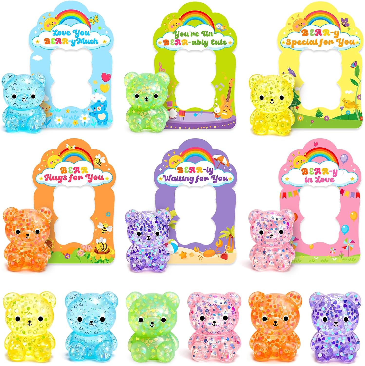 Valentines Day Cards for Kids School, 24 Pack Valentines Gifts for Kids Classroom with Squeeze Bear Toys, Valentines Party Favors for Class, Ideal Exchange Gift and Stuffers Prizes for Boy Girl