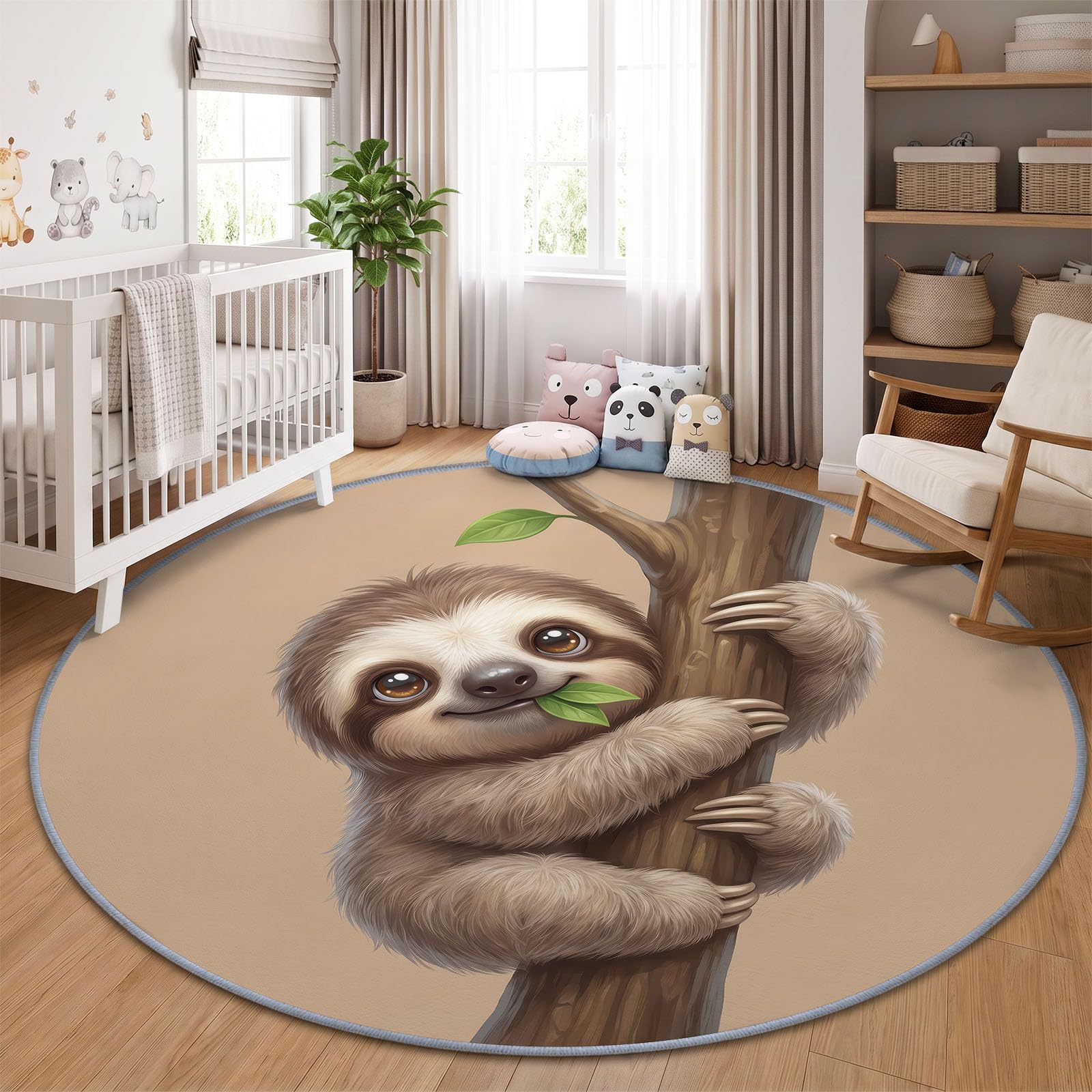 Tiere Faultier Teppich Rund 120 cm Waschbar rutschfest, Beige