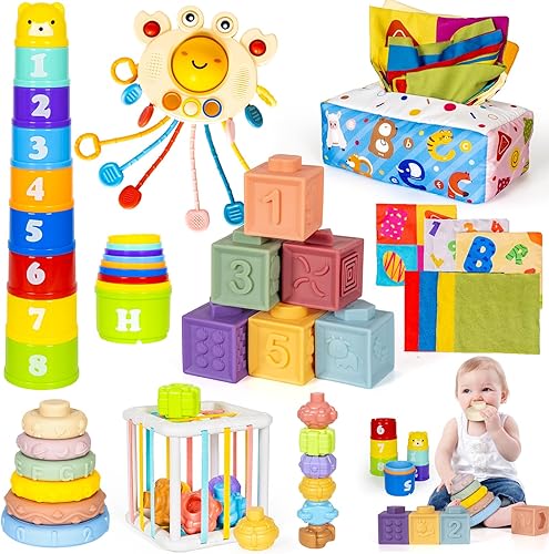 Juguetes Montessori 6 en 1 para bebés de 6 a 12 meses, bloque apilable, suave, forma de anillo para bebé, aprendizaje sensorial, cubo de tirar de