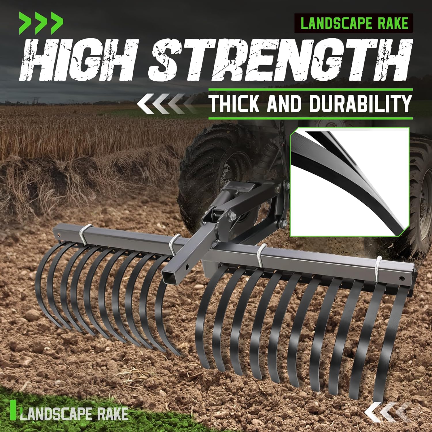 ATV/UTV Landscape Rake Implement for Removal of Rock, Grass Clumps and Debris Prep for Seeding, Cultivate, Maintain Land Heavy Duty Rock Rake Manual Implement Lift Powder Coated Steel