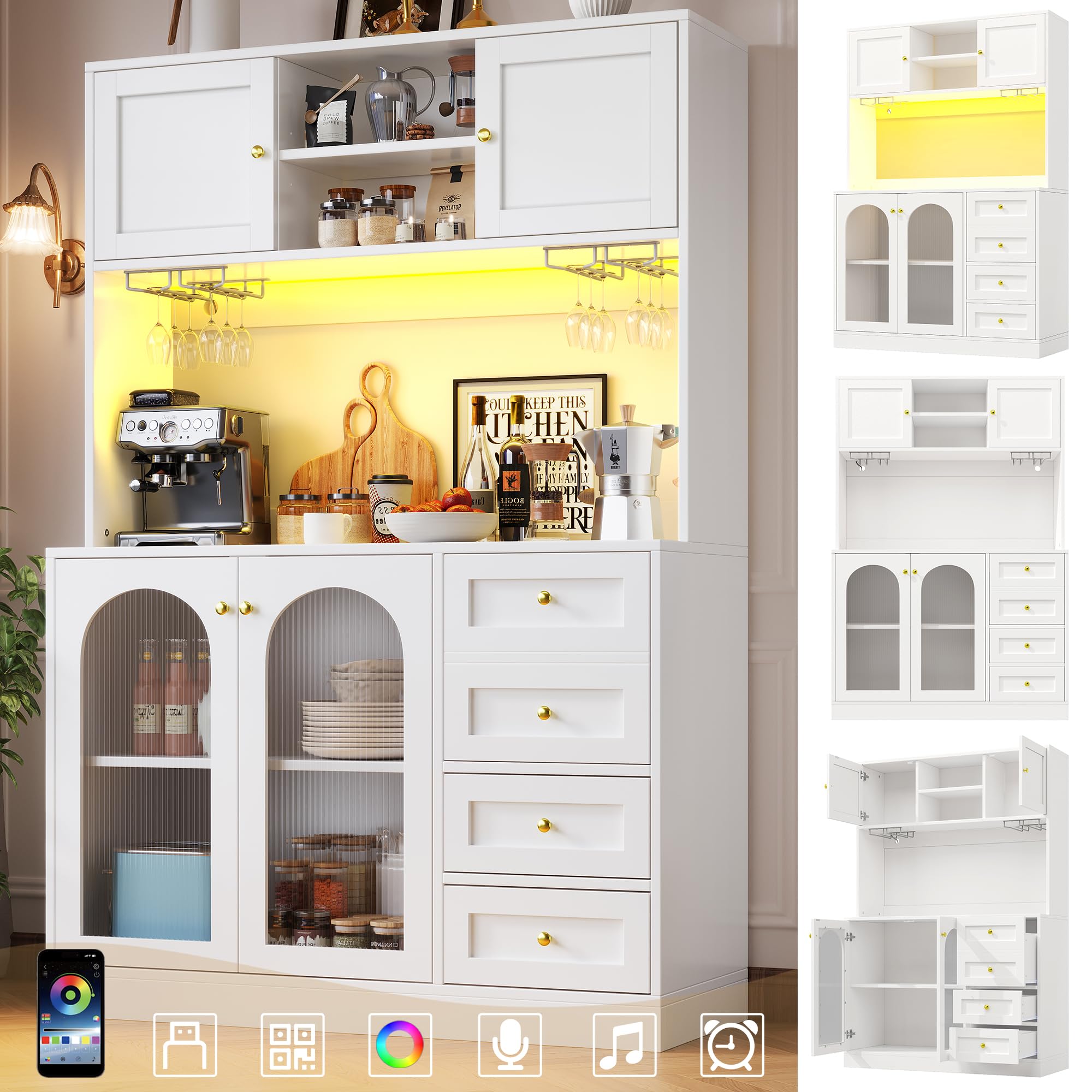 DRIXNO Küchenschrank, Aufbewahrungsschrank, Buffetschrank mit LED-Beleuchtung, Esszimmerschrank mit Getränkehaltern, 4 Türen, Sideboard für Küche Wohnzimmer Esszimmer, 120x40x188 cm, Weiß
