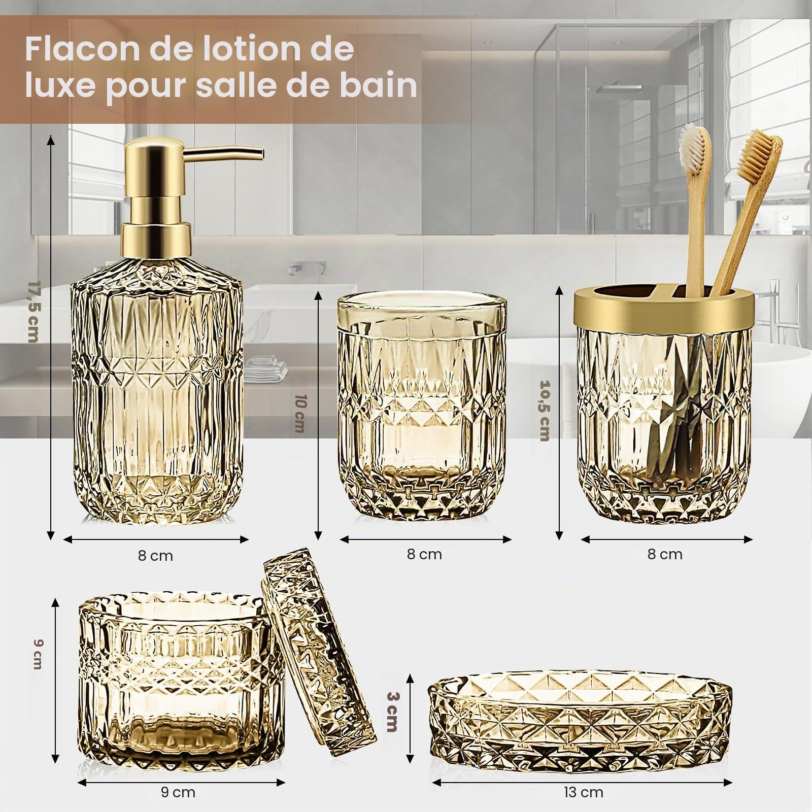 Ensemble d'accessoires de salle de bain doré 5 pièces, ensemble d'accessoires de salle de bain avec distributeur de savon doré, porte-savon, porte-brosse à dents, gobelet, pots à coton-tige