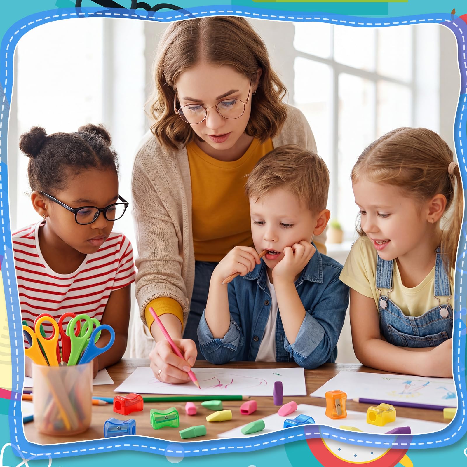 AmazingSpark Kit de 180 fournitures de rentrée scolaire pour enfants comprenant des gommes à crayon, des ciseaux d'étudiant de 12,7 cm, des taille-crayons miniatures pour étudiants, salle de classe