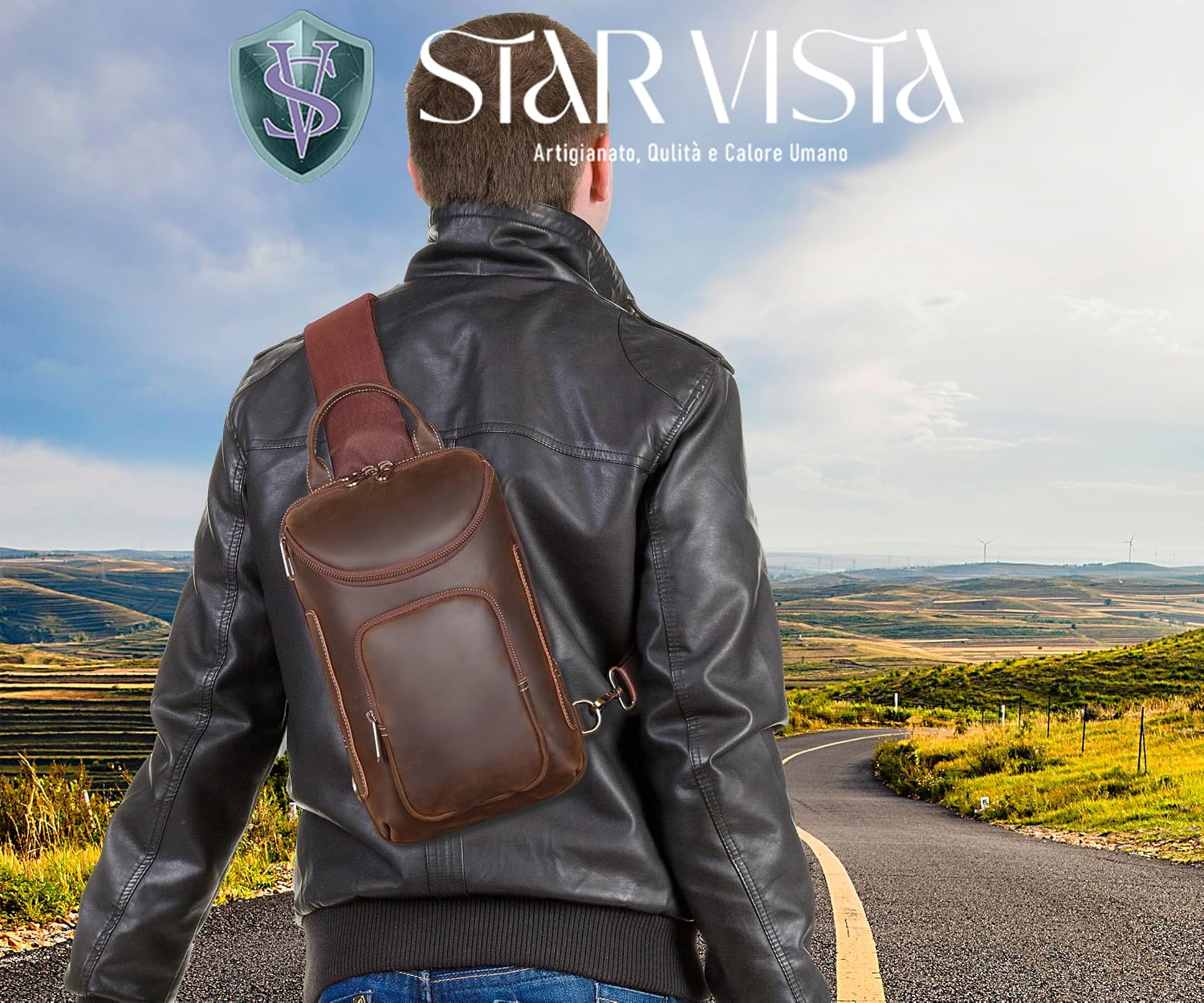 STAR VISTA Triton Vintage Full Grain Leather Sling Bag, Crossbody Chest Daypack, Multi Pockets Backpack, Casual Outdoor Hiking Rucksack, YKK Zippers