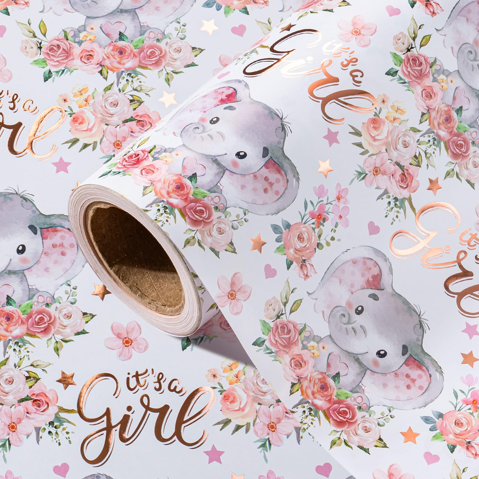 RUSPEPA Baby Shower Wrapping Paper Roll - Mini Roll - 43.2cm x 5m - Rose Gold Foil Elephant Baby Girl Wrapping Paper, Perfect for Kids Girls Birthday, Newborn Gift Wrap