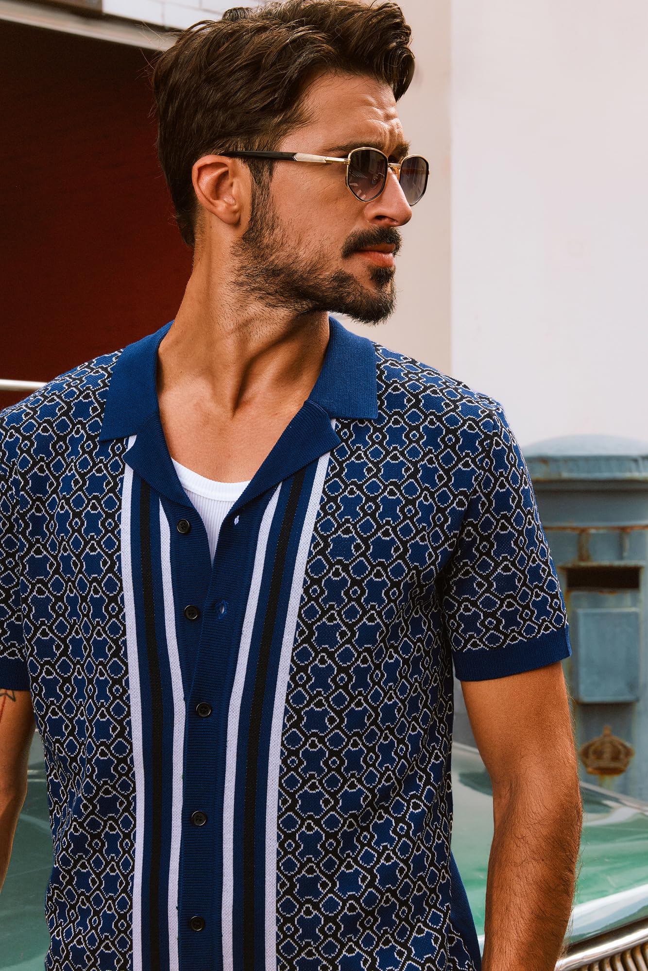 PJ PAUL JONES Camisas vintage de los años 70 para hombre, con botones, cuello cubano, polo de punto