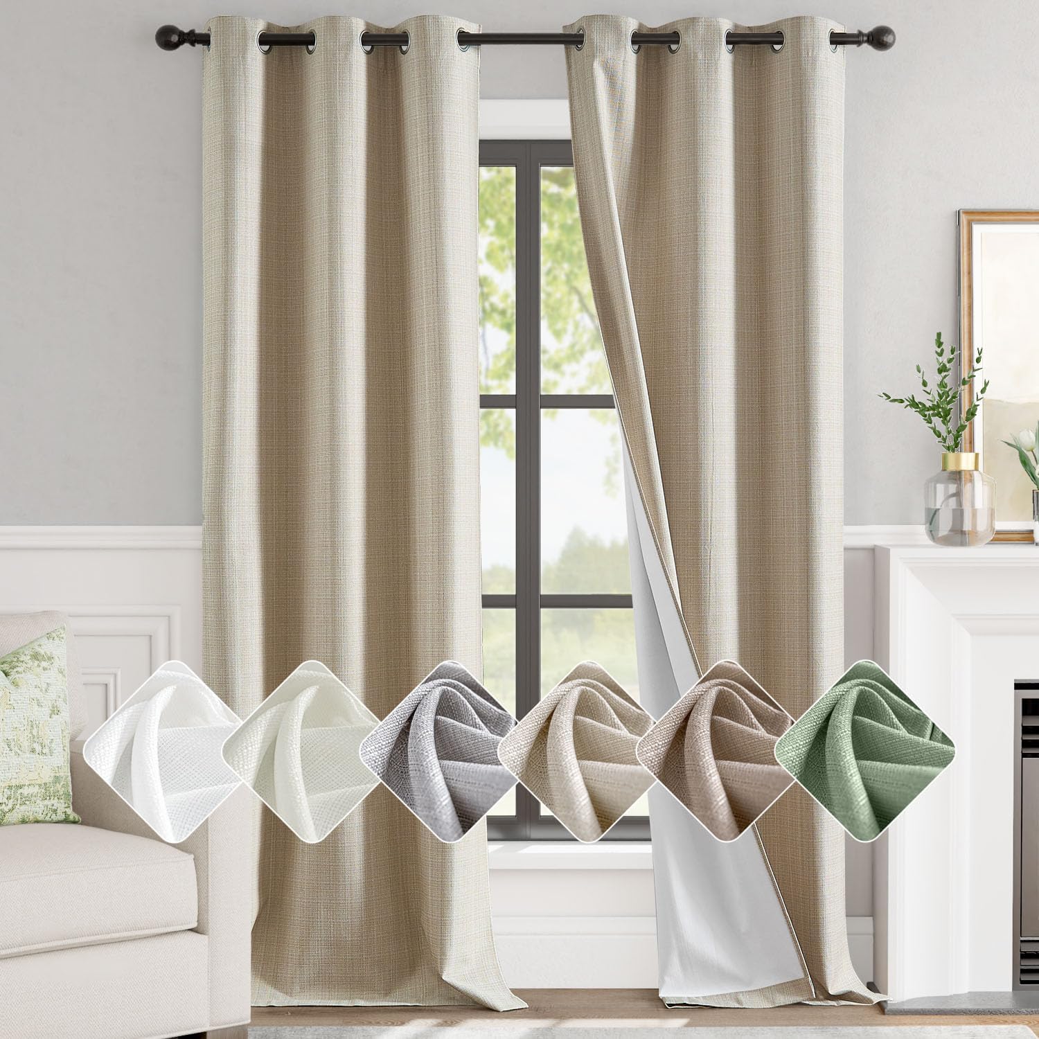 jinchan 100% Blackout Curtains for Bedroom Living Room Linen Blackout Curtains 96 Inch Long Room Darkening Curtains Linen Textured Drapes 2 Panels Window Curtains Grommet Top Heathered Beige (38”Wx96”L)