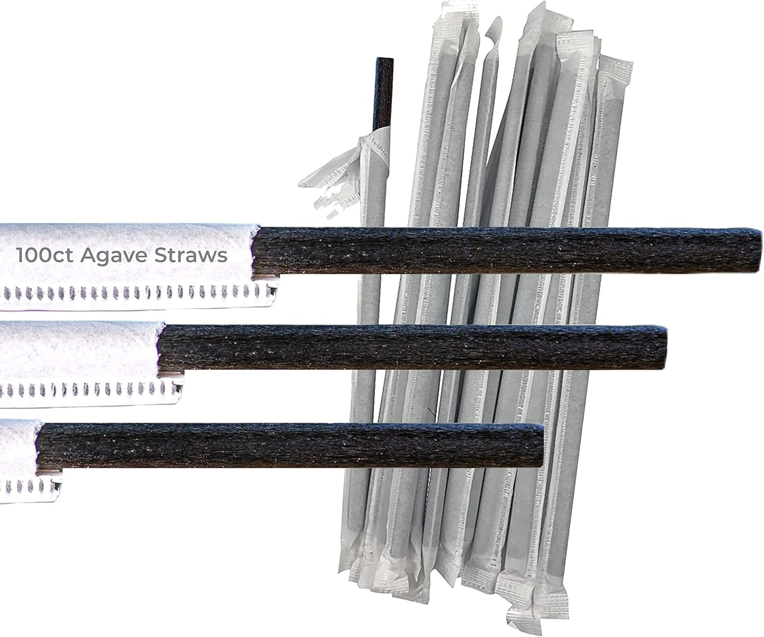 AGAVE FIBER STRAWS BLACK - 100ct Individually Wrapped Biodegradable 8.2" Straws by Ecoware. Plant Based, Eco-friendly, 100% Recyclable, Alternative to Paper & Plastic Straws