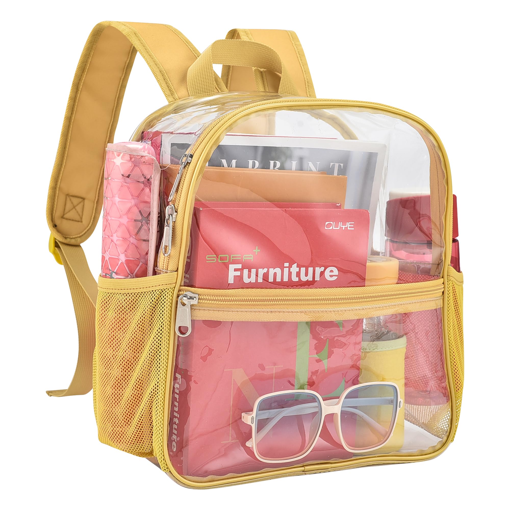 Busiuw Clear Backpack for Stadium Events 12x12x6 Mini Small Sports Fan Backpacks with Front Pocket for Concert Sport Events Work Travel(Gold)