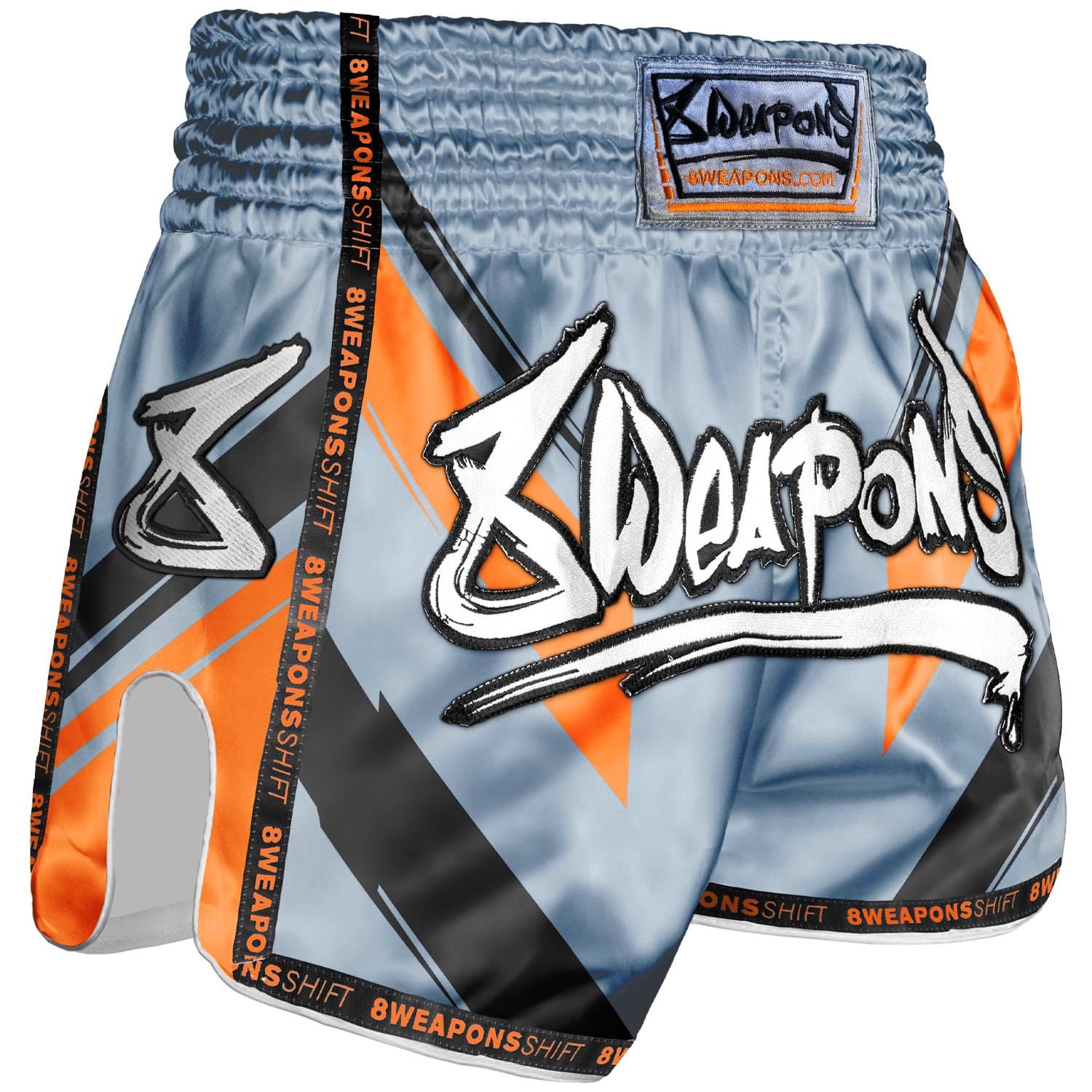 8 WEAPONS Muay Thai Shorts Shift, Eisgrau-Orange, Kickboxhose für Training & Wettkampf, Thaibox Shorts Satin, Atmungsaktiv, Langlebig, Kampfsporthose für MMA, K1, Boxen, Thai Boxen