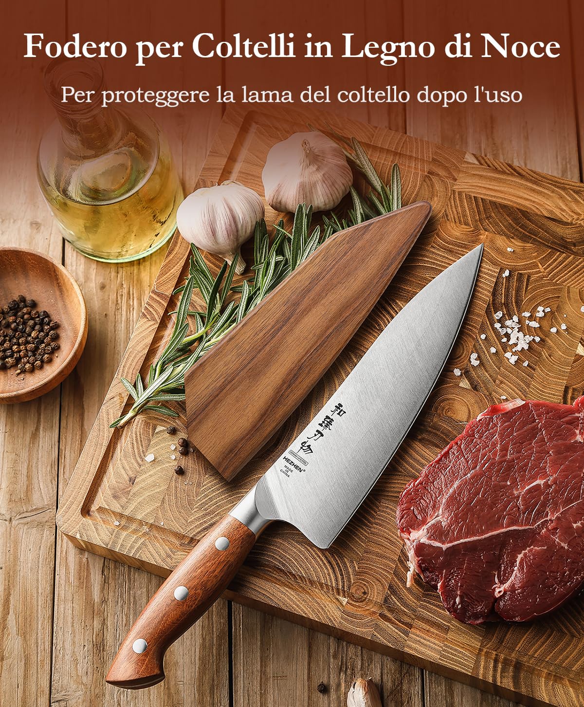Coltelli da Chef HEZHEN 21cm Acciaio German DIN1.4116 Full Tang Manico Redwood